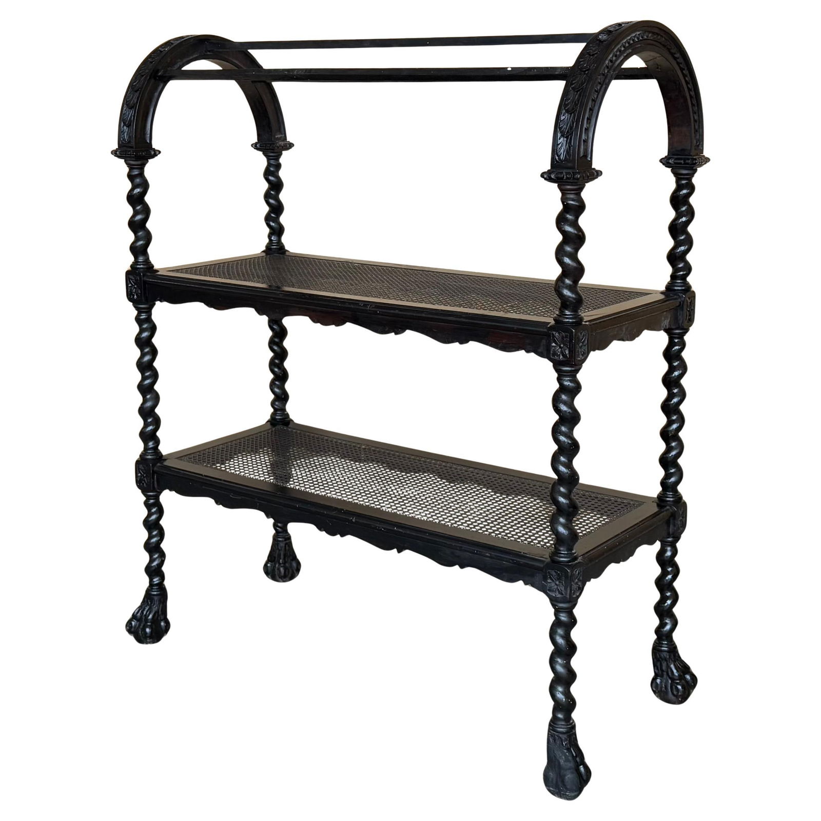 Mid 20th Century Spanish Wooden Magazine Rack with Marquetry or Etagere with cane shelves - 15
