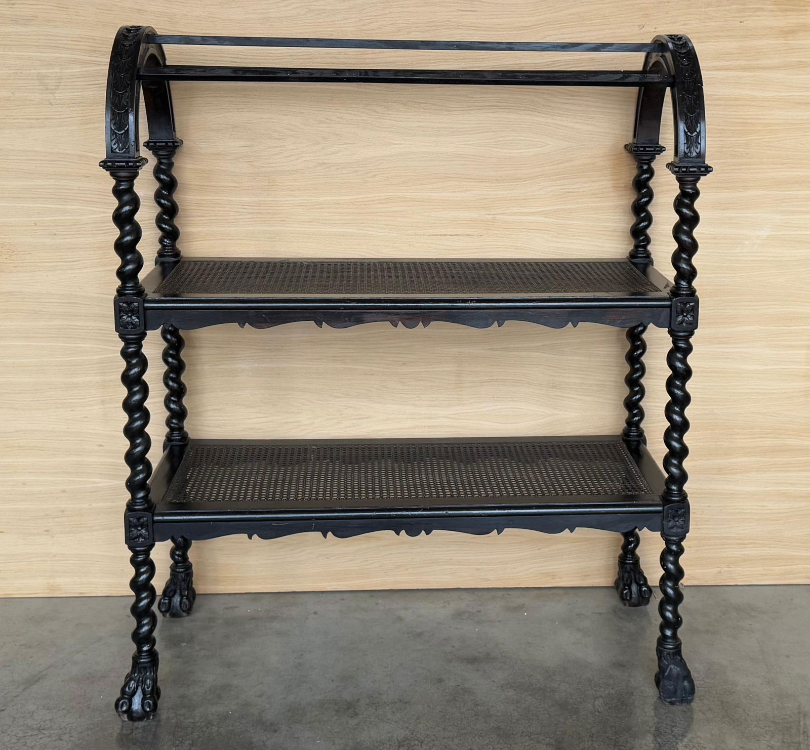 Mid 20th Century Spanish Wooden Magazine Rack with Marquetry or Etagere with cane shelves - 16