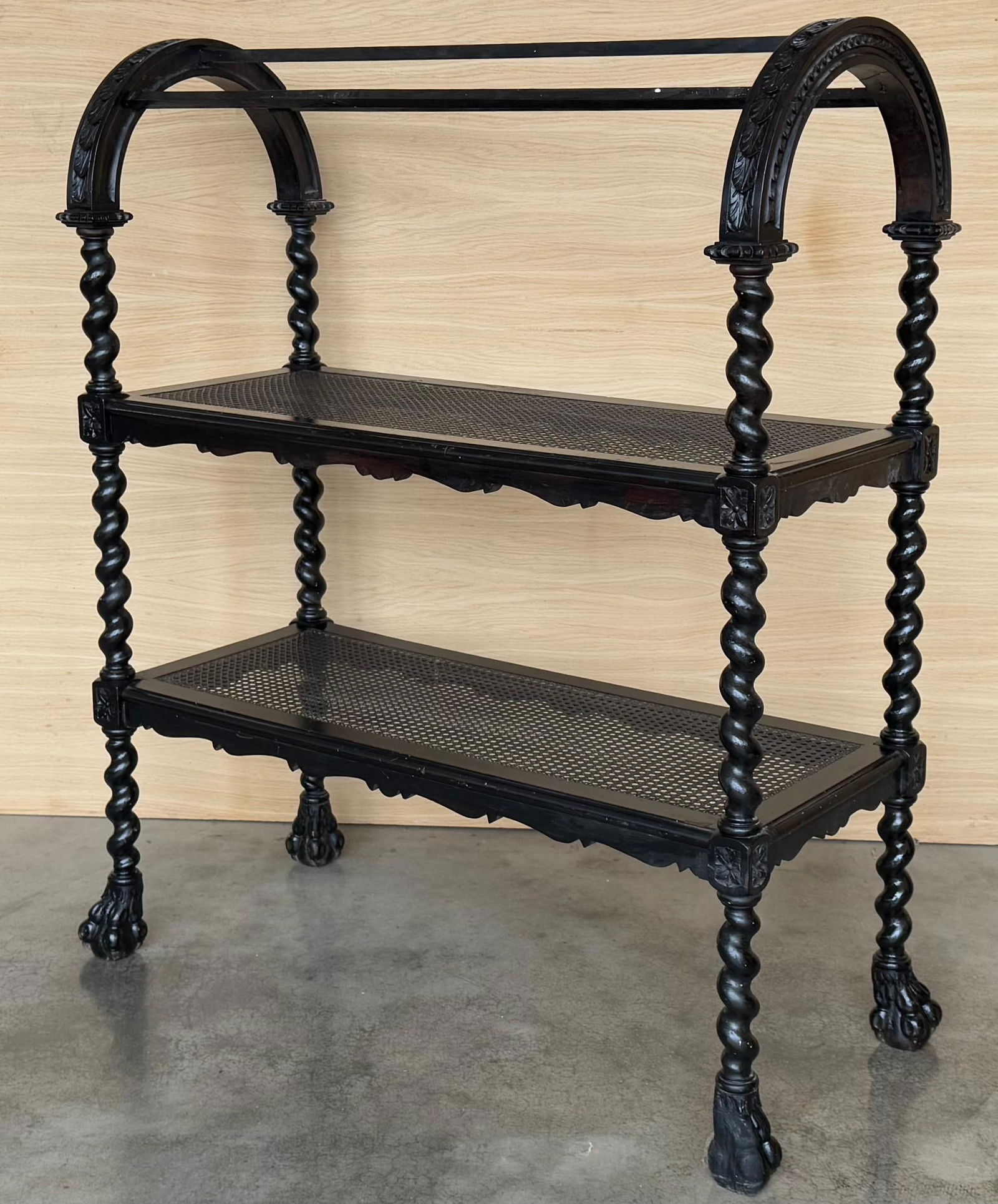 Mid 20th Century Spanish Wooden Magazine Rack with Marquetry or Etagere with cane shelves - 18
