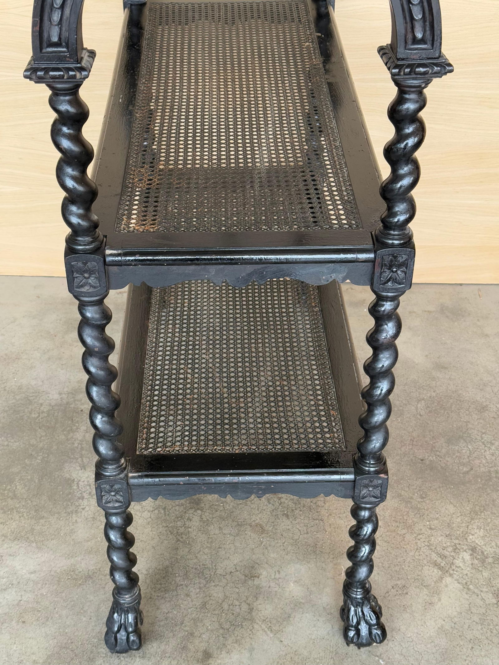 Mid 20th Century Spanish Wooden Magazine Rack with Marquetry or Etagere with cane shelves - 6