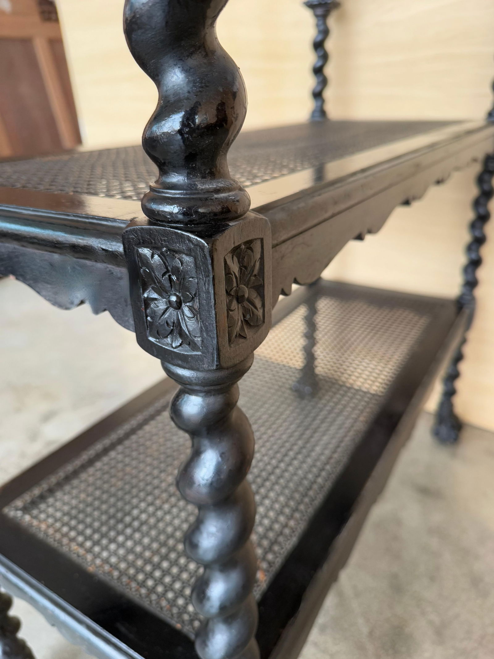 Mid 20th Century Spanish Wooden Magazine Rack with Marquetry or Etagere with cane shelves - 8