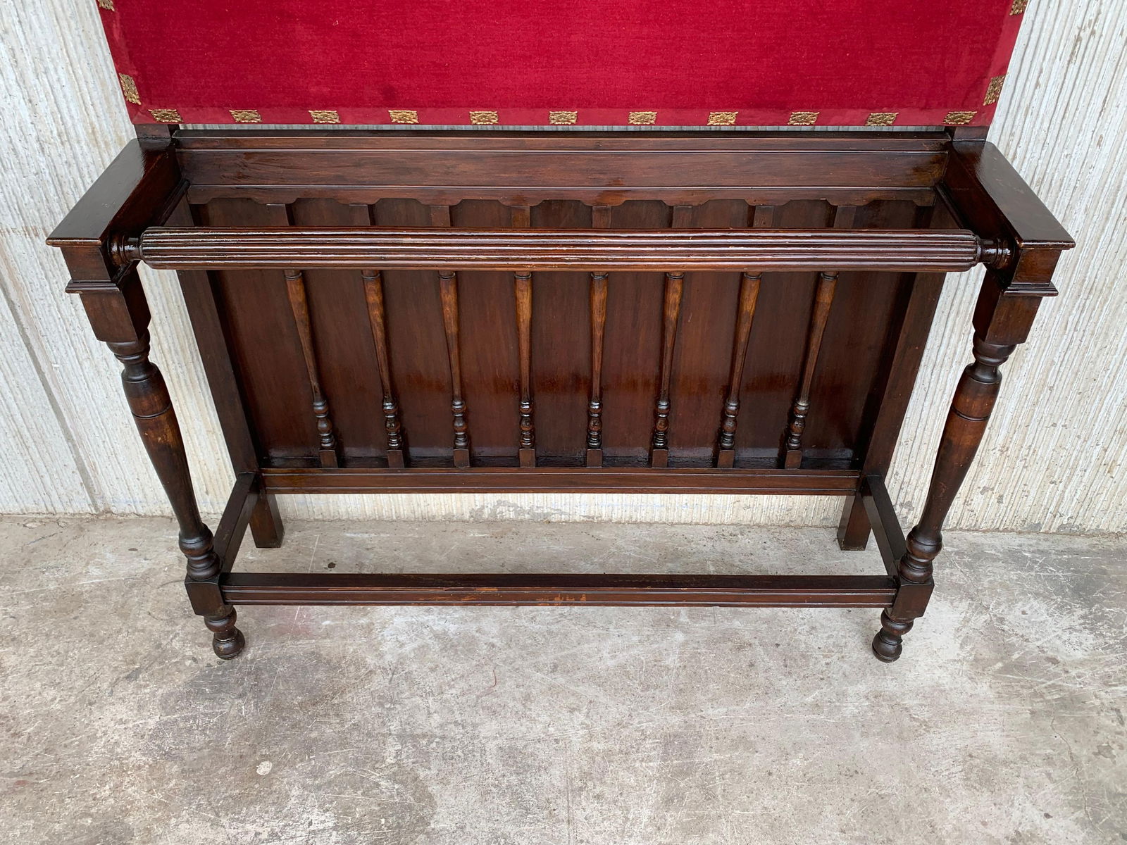 19th Large Carved Spanish Solid Walnut Coat Rack Stand with Red Velvet Back - 12
