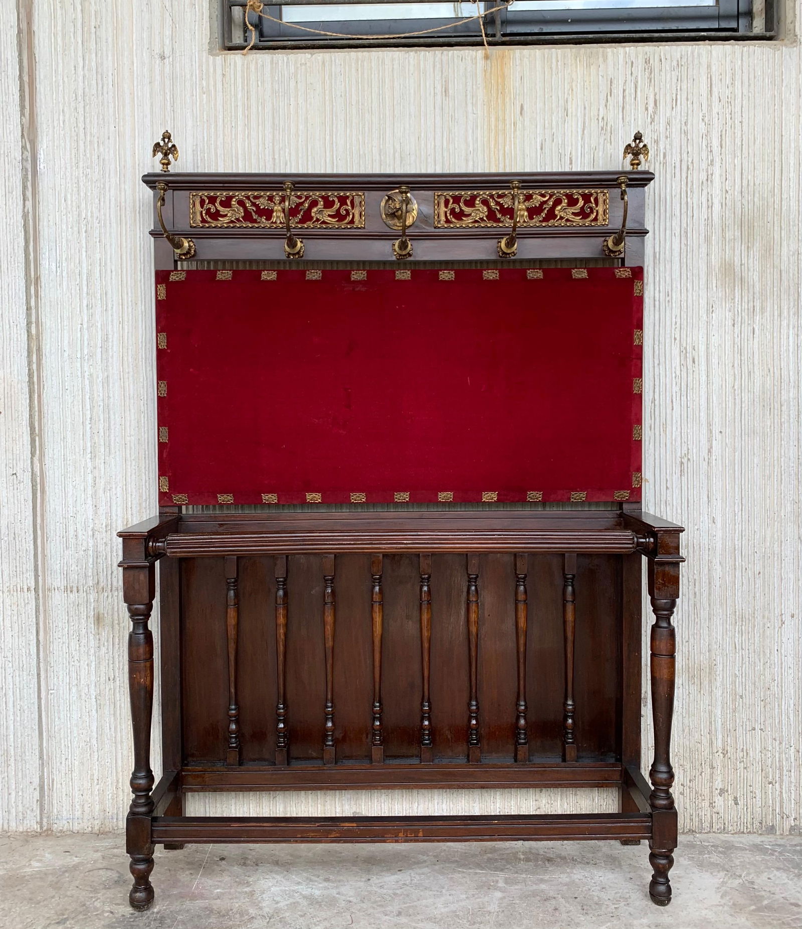 19th Large Carved Spanish Solid Walnut Coat Rack Stand with Red Velvet Back - 14
