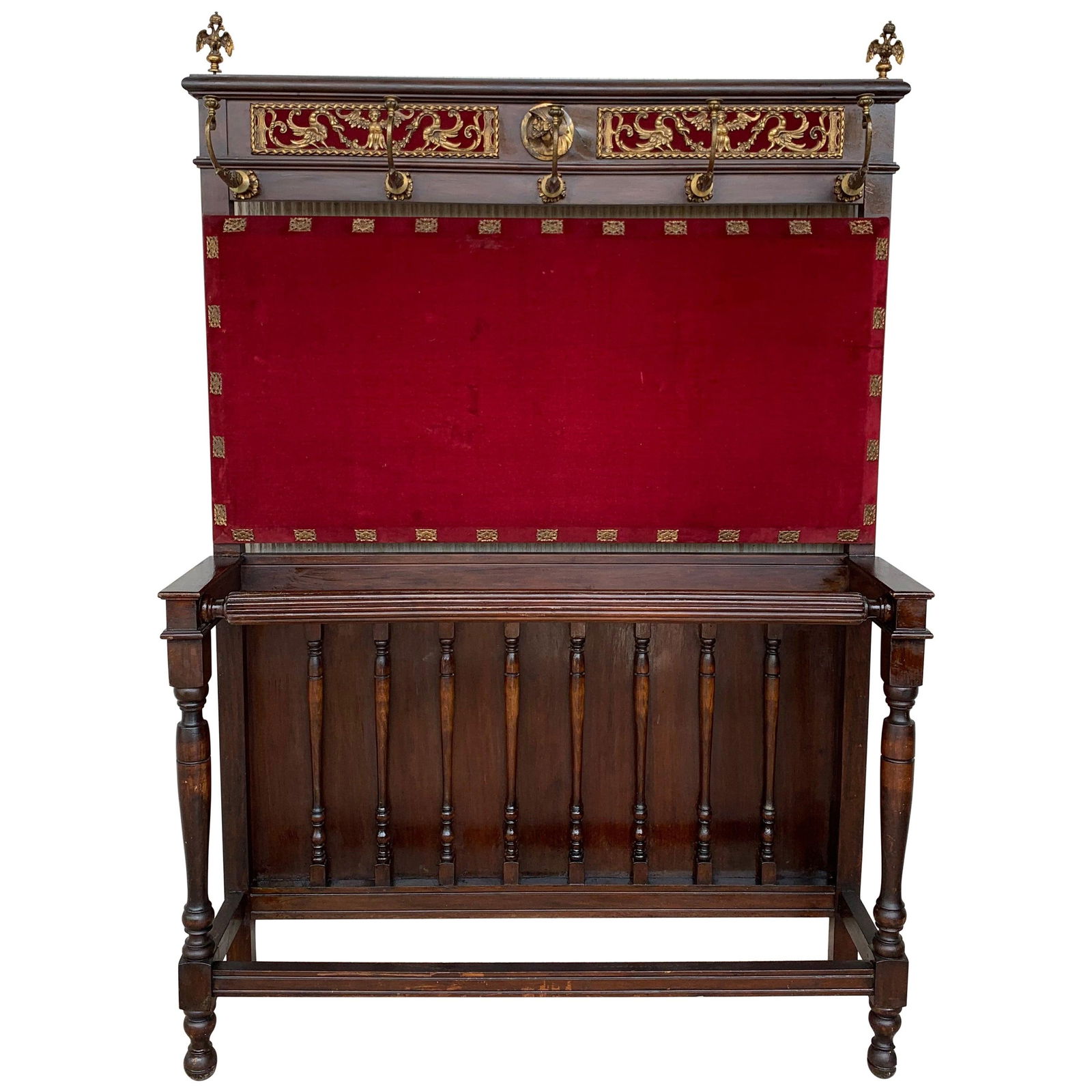 19th Large Carved Spanish Solid Walnut Coat Rack Stand with Red Velvet Back - 15