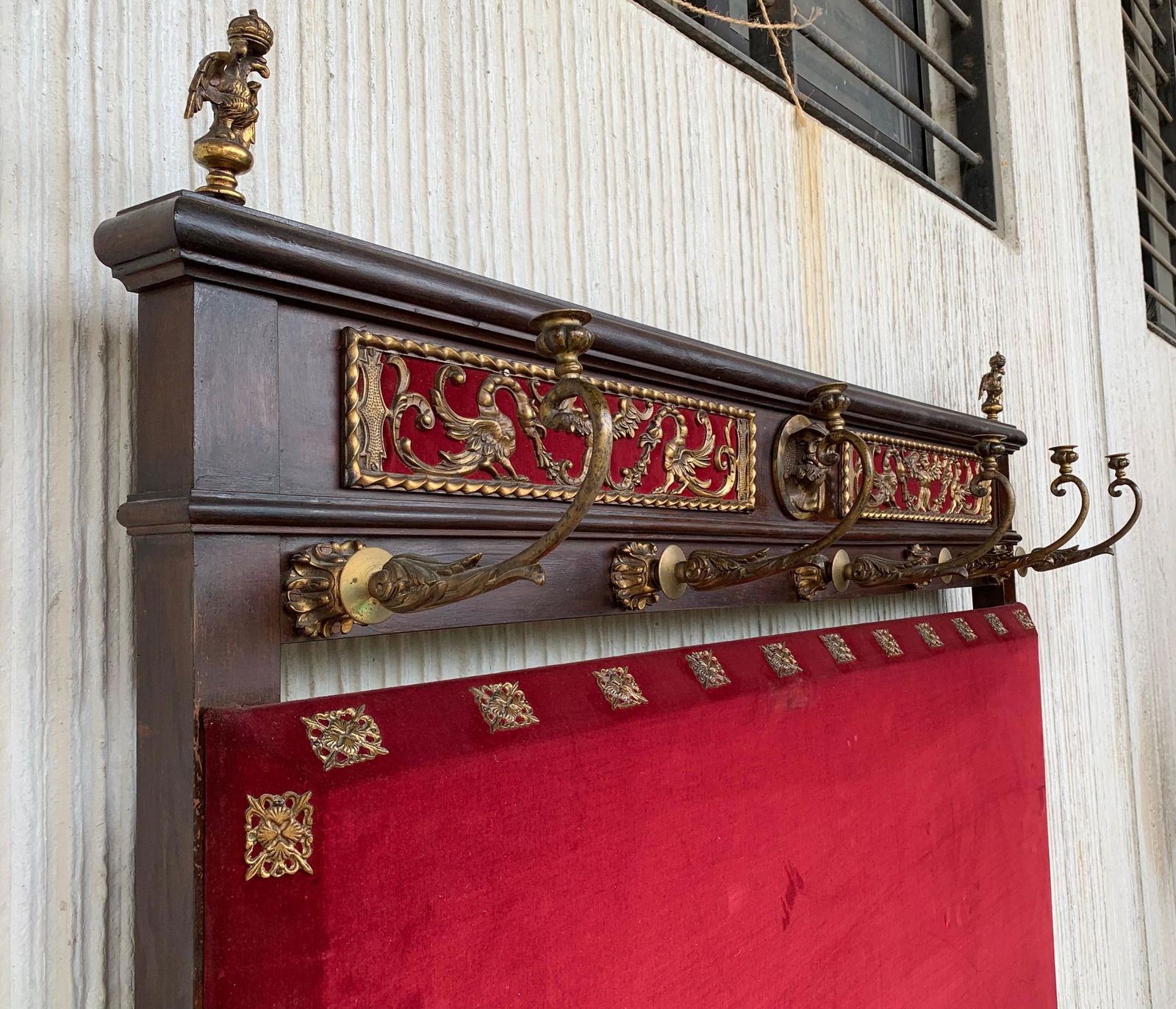 19th Large Carved Spanish Solid Walnut Coat Rack Stand with Red Velvet Back - 18