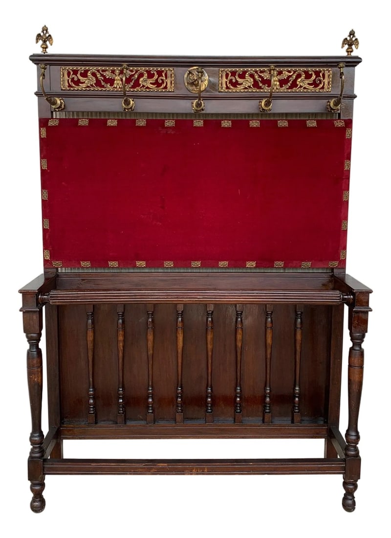 19th Large Carved Spanish Solid Walnut Coat Rack Stand with Red Velvet Back (1 of 18)