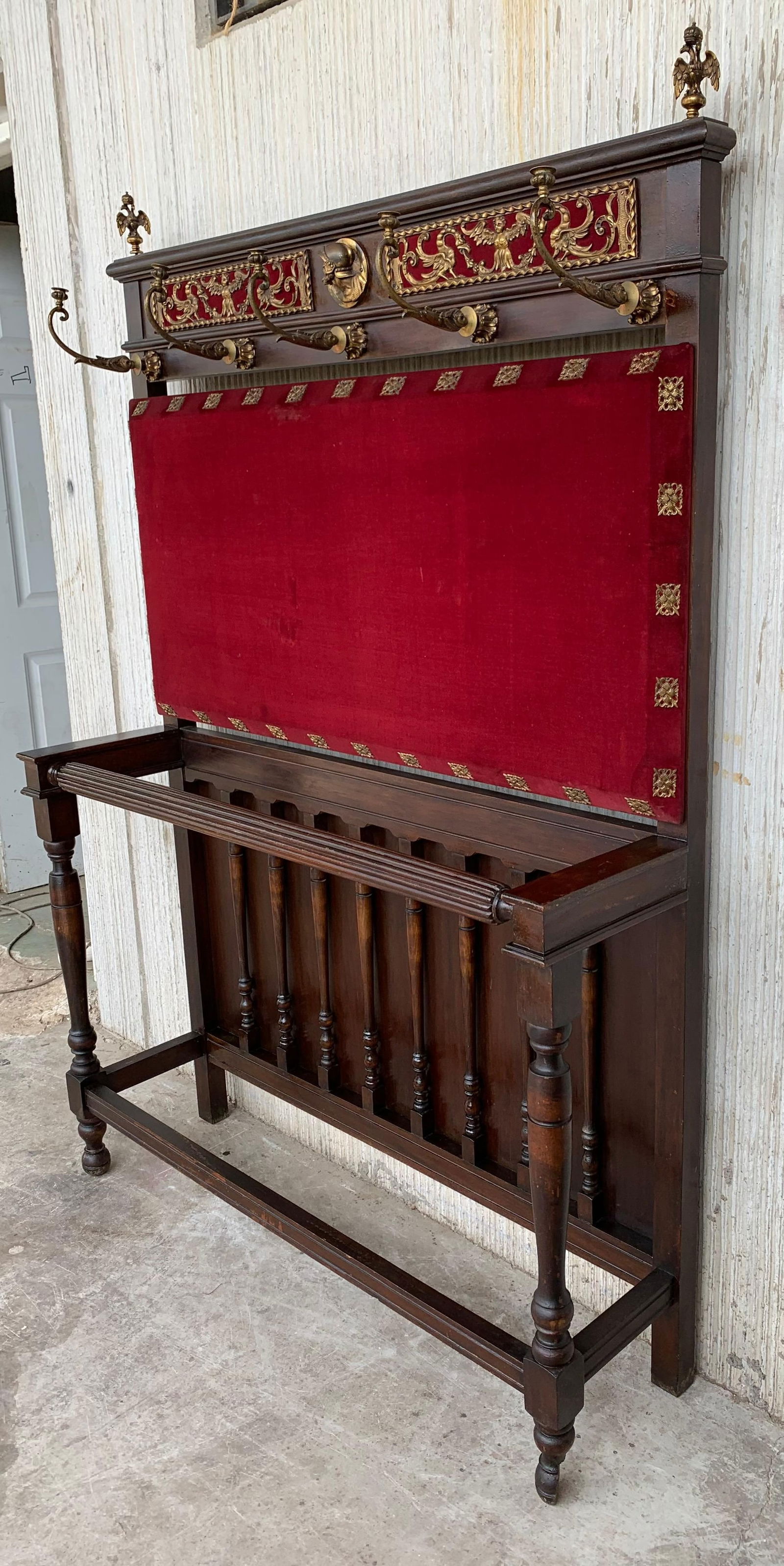 19th Large Carved Spanish Solid Walnut Coat Rack Stand with Red Velvet Back - 2