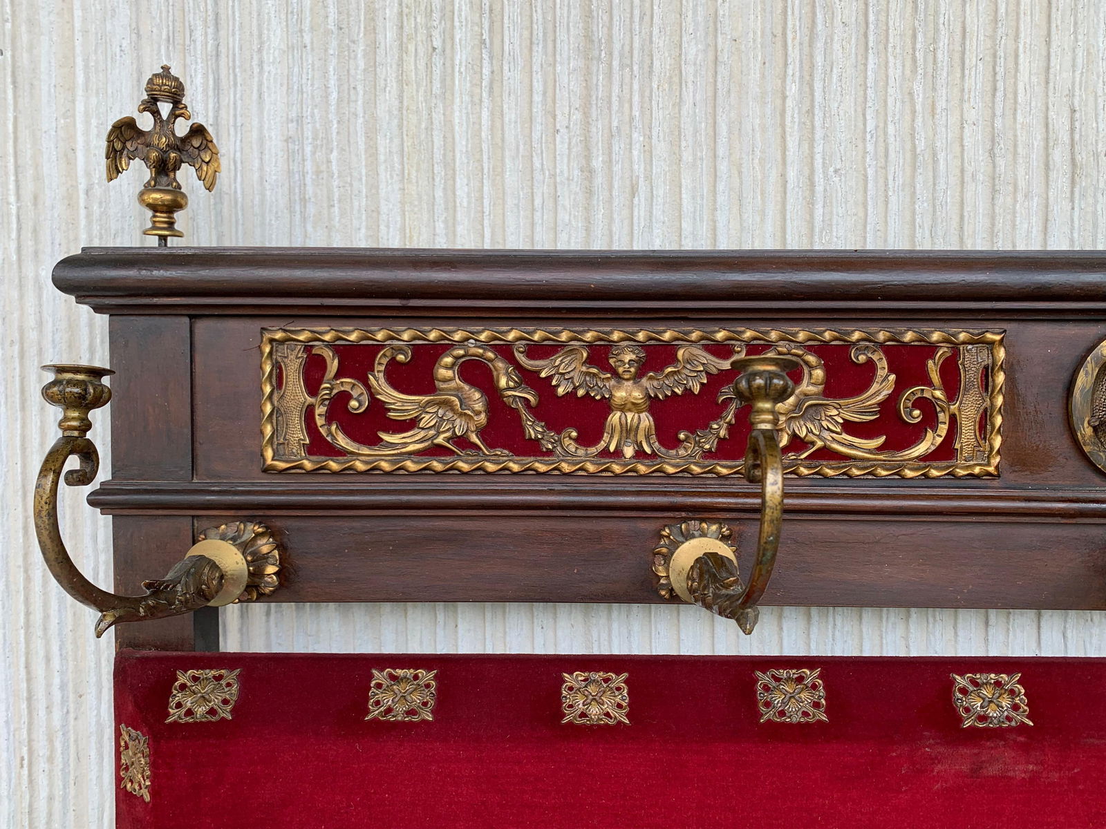 19th Large Carved Spanish Solid Walnut Coat Rack Stand with Red Velvet Back - 3