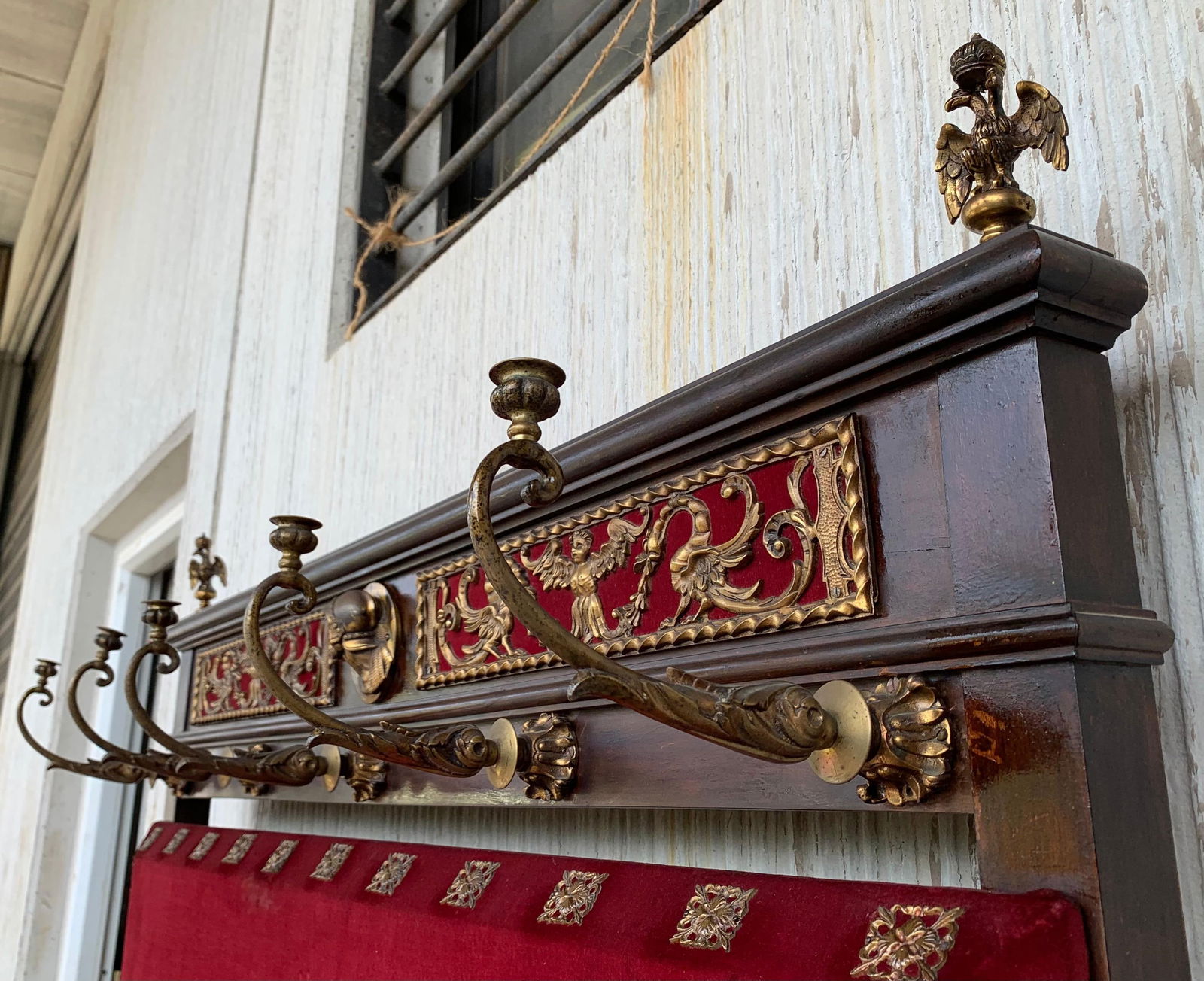19th Large Carved Spanish Solid Walnut Coat Rack Stand with Red Velvet Back - 5