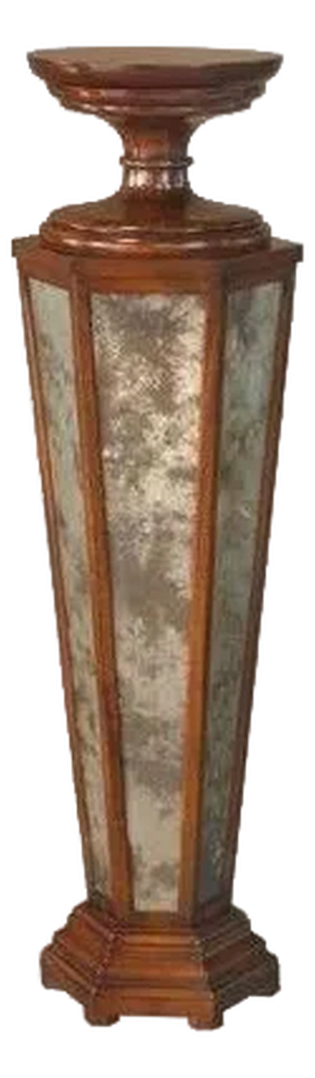Eglomise Mirrored & Mahogany Hollywood Regency Pedestal Stand: Details: Eglomised distressed mirror glass panels Brown mahogany top and details Hollywood Regency design Stylish pedestal for any home Model JI-34035-EM Condition: Excellent Dimensions: 11"x11"x42" t