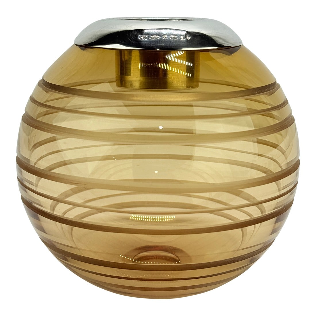 Large English Sterling-Rimmed Amber Glass Match Strike With Cut Bands C. 2000: A contemporary yet elegantly restrained spherical vase of amber-tinted blown glass, distinguished by a series of precisely engraved horizontal bands that encircle the form in concentric rhythm, each