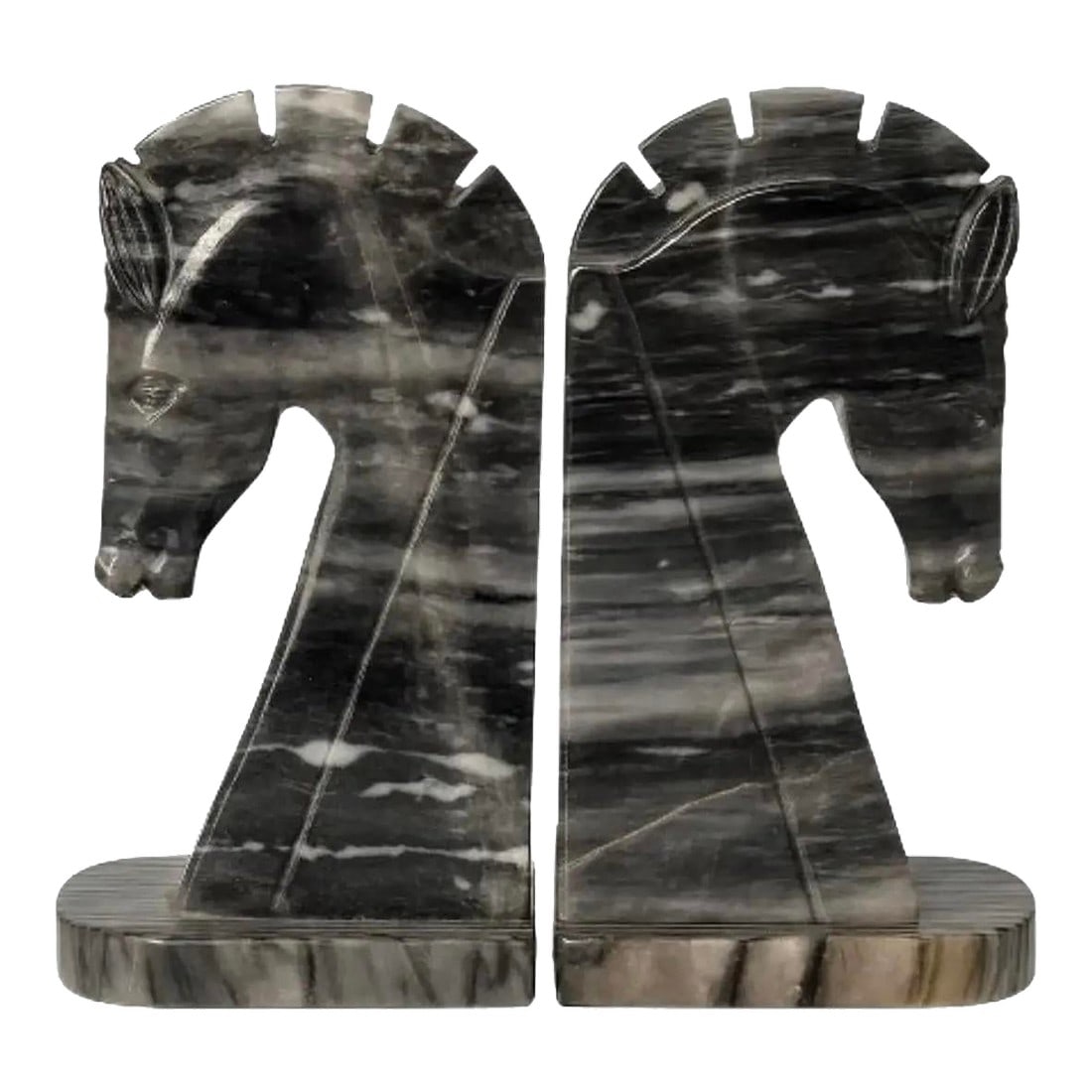 Mid-Century Black Marble Horse Bookends Two-Horse Photo Finish, Pair: A dramatic pair of mid-century carved marble horse bookends. Each hand-carved horse leans forward with sculptural tension, the grey-and-white stone veining creating beautiful movement across the form.