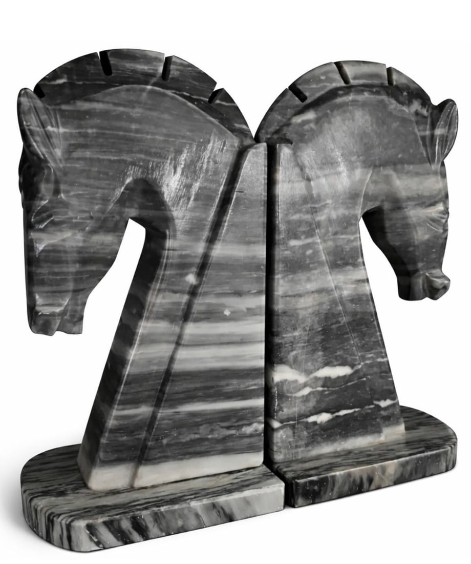 Mid-Century Black Marble Horse Bookends Two-Horse Photo Finish, Pair - 2