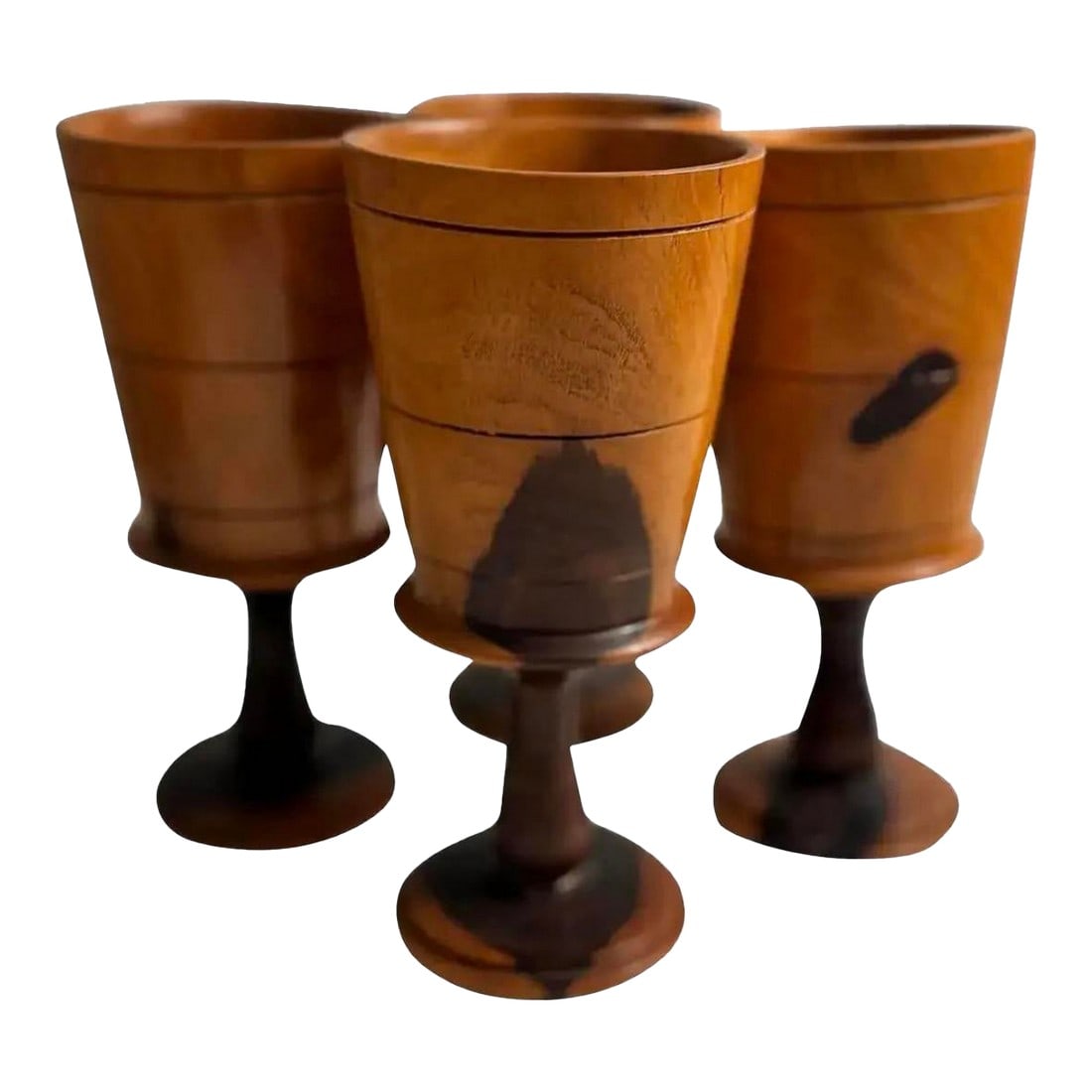 1960s Hand Turned Mixed Wood Goblets Set of 4, Artisan Studio: A rare and sculptural set of four hand-turned mid-century goblets, crafted from contrasting hardwoods "” likely walnut and rosewood or teak and ebony "” each piece unique in grain and
