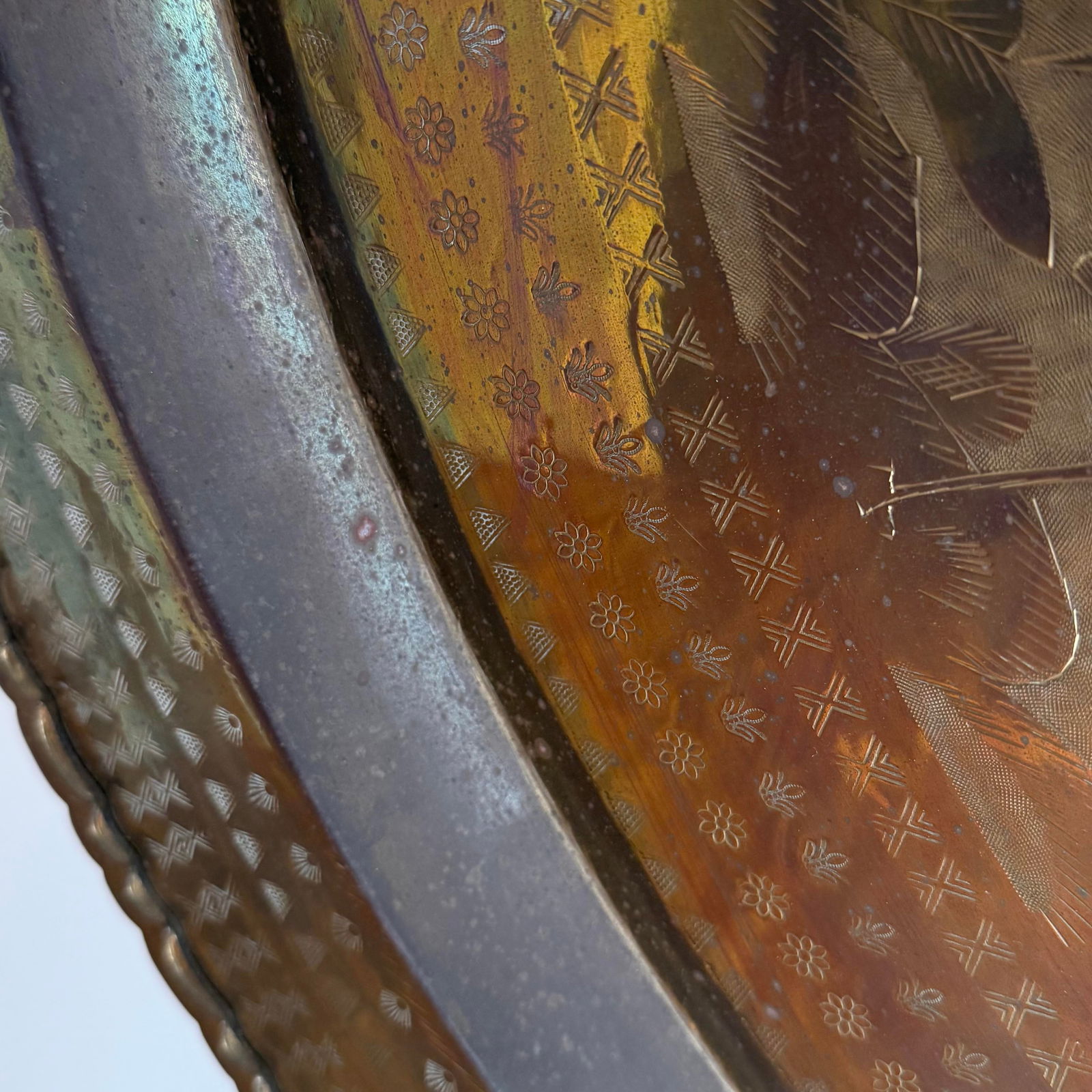 Vintage Oversized 36"³ Hand-Engraved Brass Tray With Bird & Floral Motifs - 3