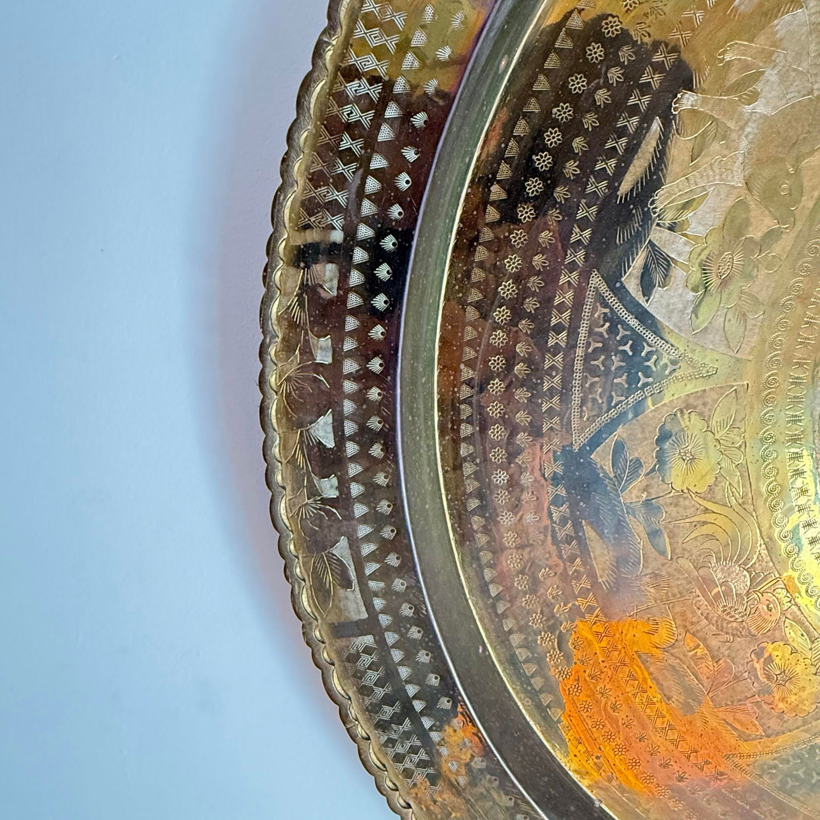 Vintage Oversized 36"³ Hand-Engraved Brass Tray With Bird & Floral Motifs - 7