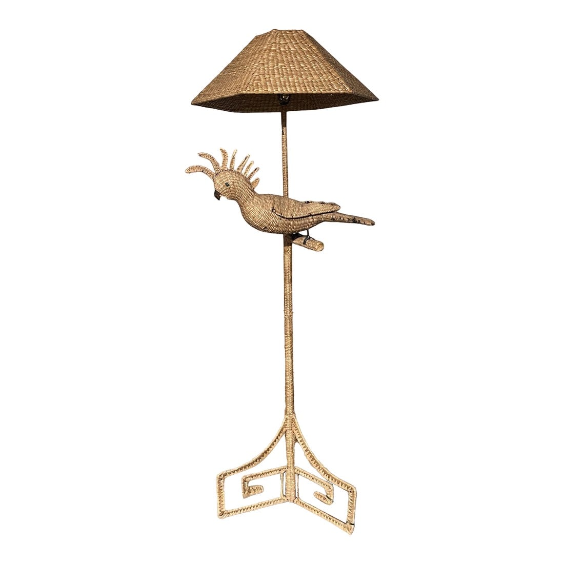 Mario Lopez Torres Rattan, Cockatoo Floor Lamp - Hollywood Regency , Signed: Exceptional and sculptural rattan floor lamp by Mario Lopez Torres, featuring his iconic hand-woven cockatoo motif. This striking Hollywood Regency piece showcases a finely detailed cockatoo perched