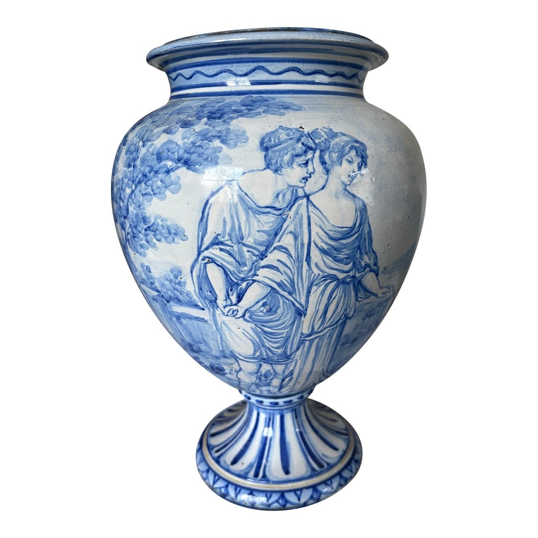 Early 20th C Savona Italy Cobalt and White Faience: Hand painted neoclassical Savona Italy faience jar. Exceptionally beautiful artwork with romantic classical figures and scenery. All around the urn are painted beautiful scenes with tress, a bird