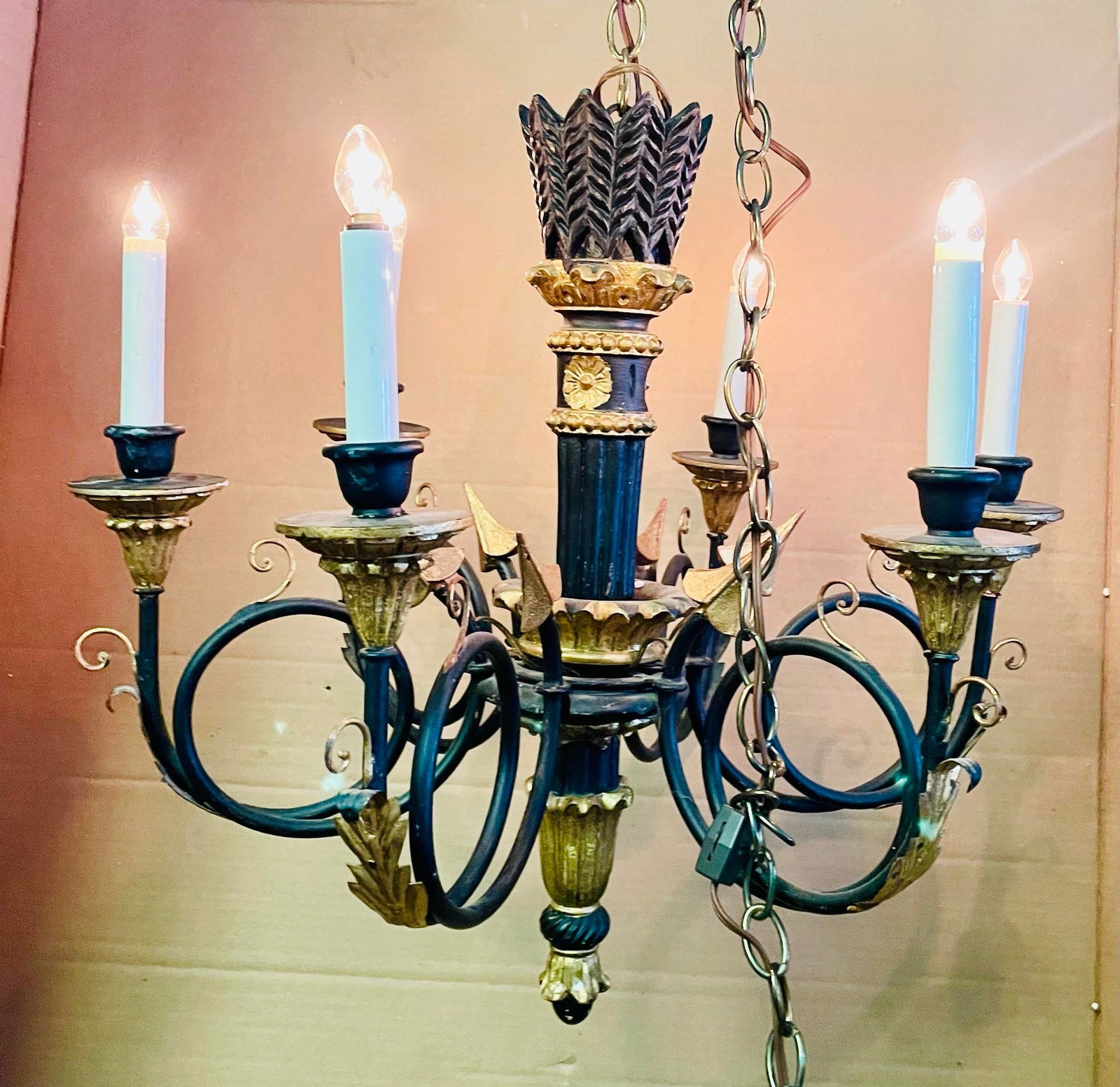 Mid 20th Century Neoclassic Arrow Italian Hand Carved Black Gold Painted Wood 6 Light Chandelier - 12
