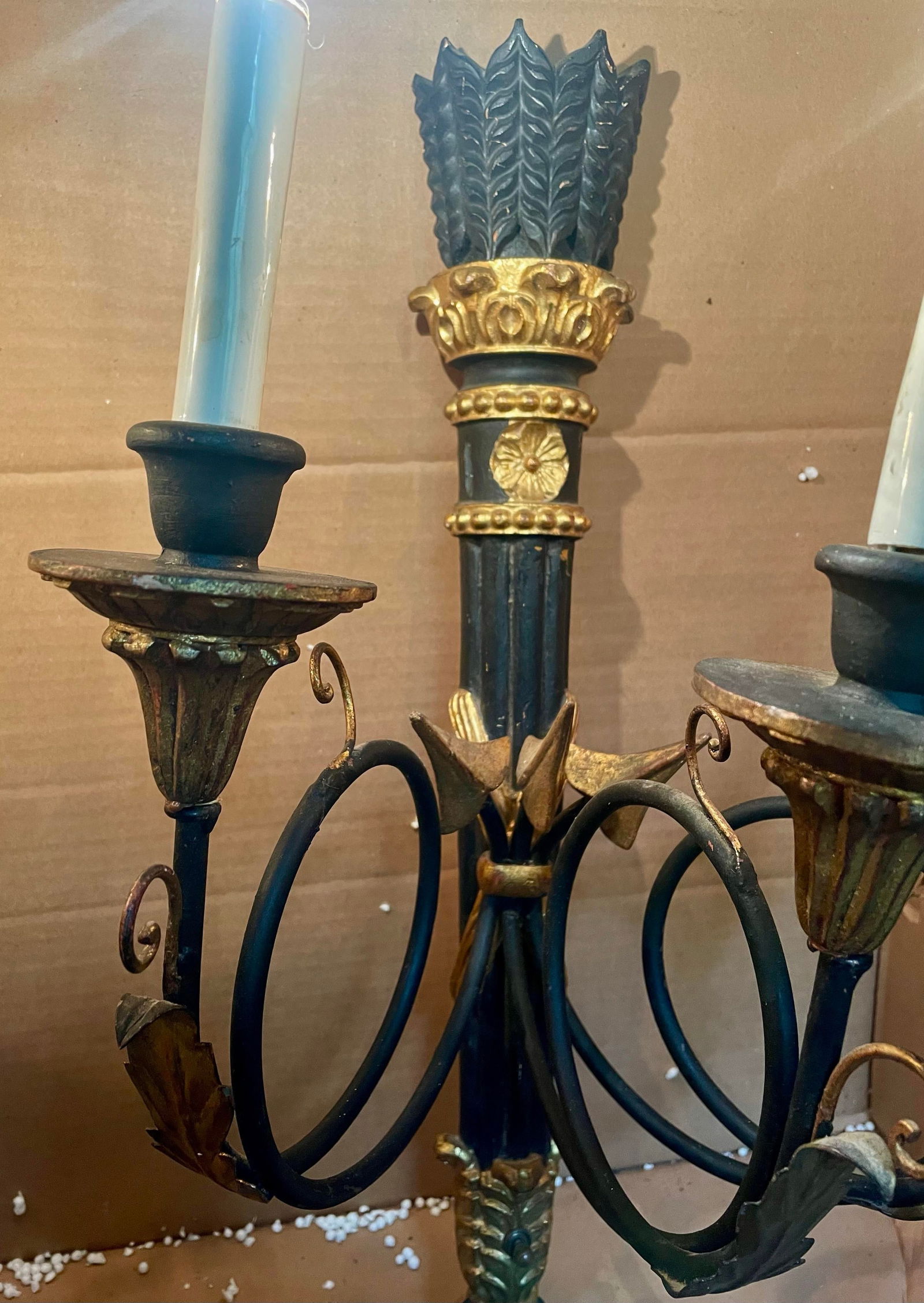 Pair Neoclassic Italian Carved Wood Iron Black Gold Painted Arrow Wall Sconces - 10