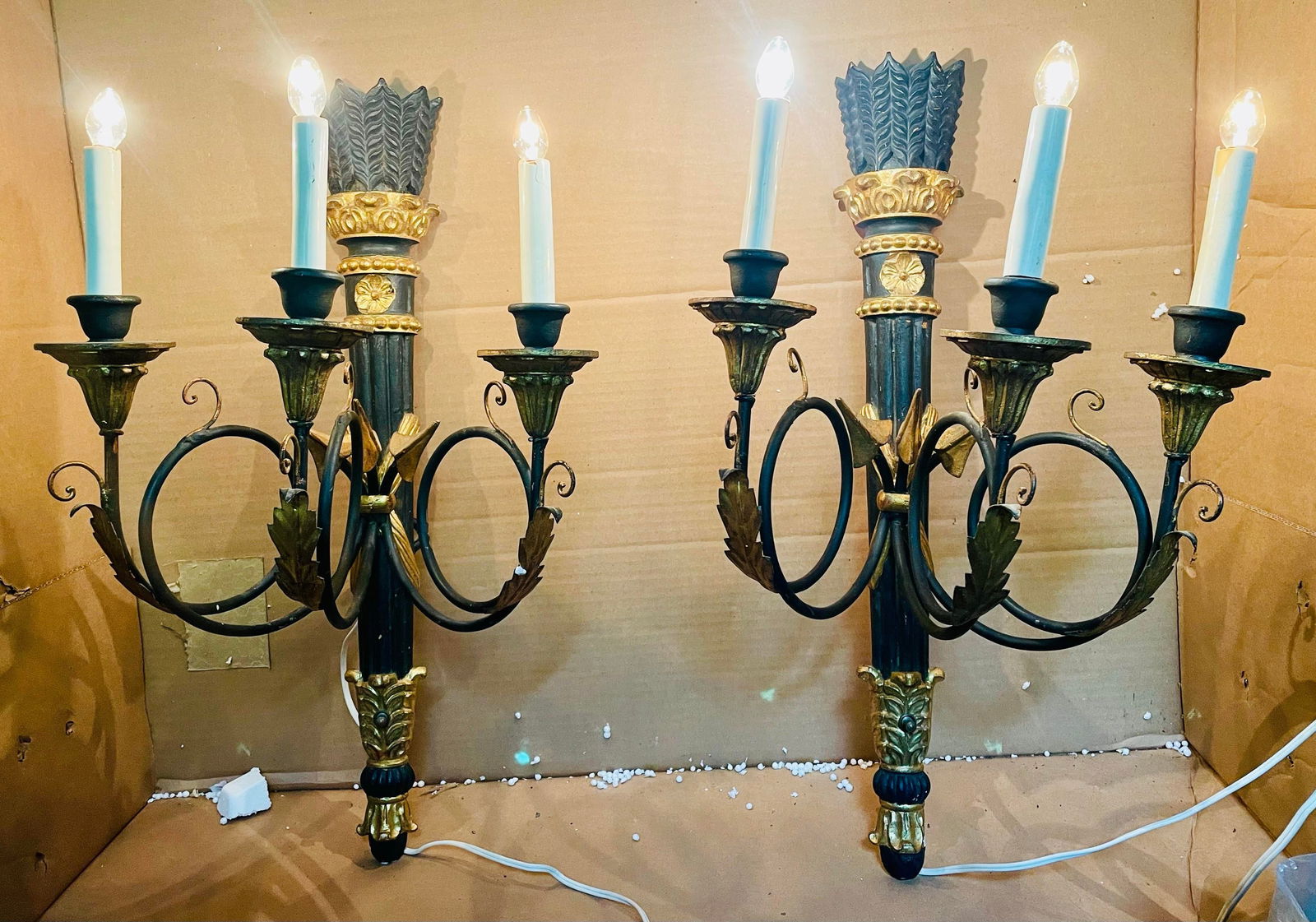 Pair Neoclassic Italian Carved Wood Iron Black Gold Painted Arrow Wall Sconces - 2