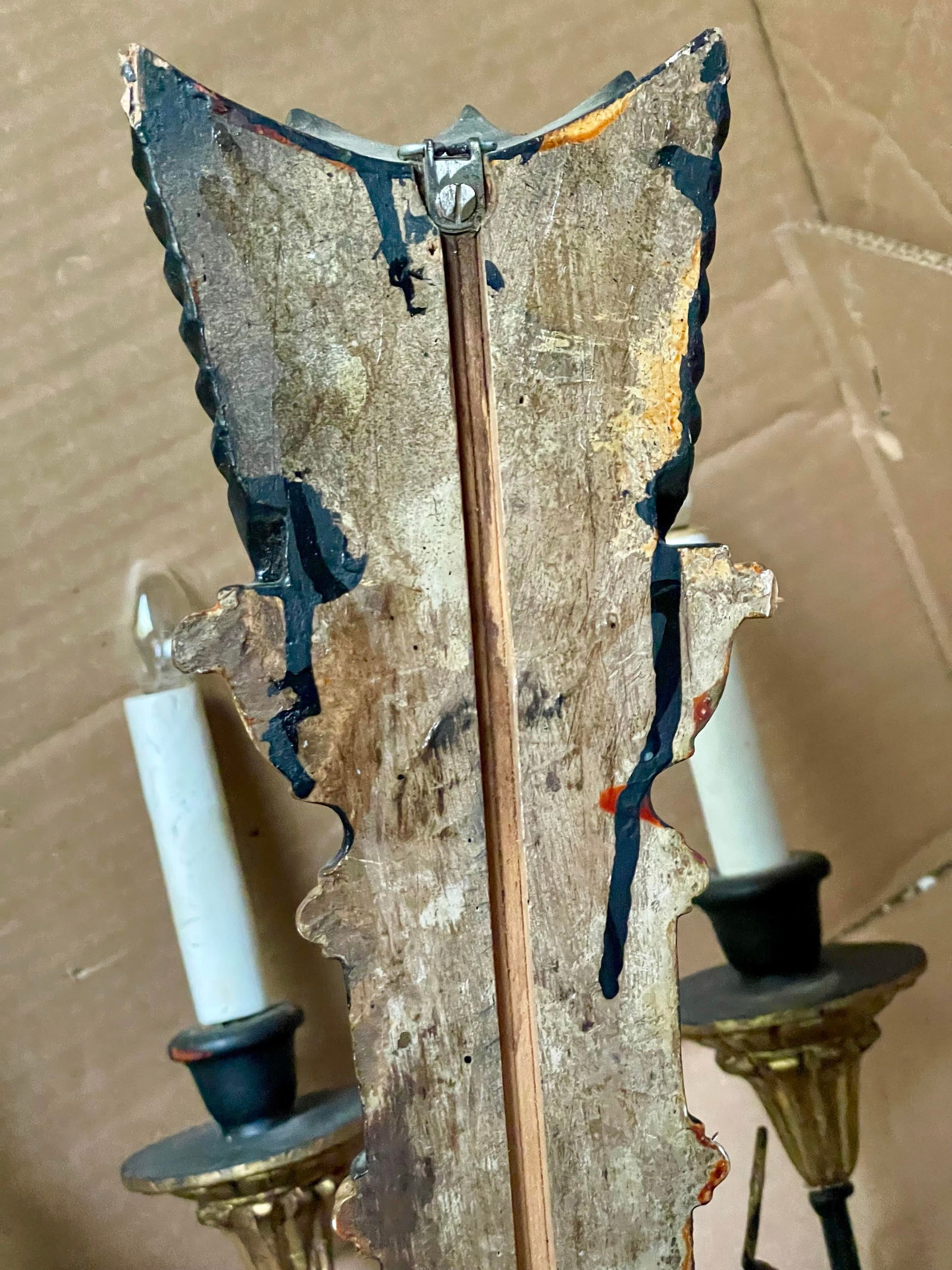 Pair Neoclassic Italian Carved Wood Iron Black Gold Painted Arrow Wall Sconces - 5