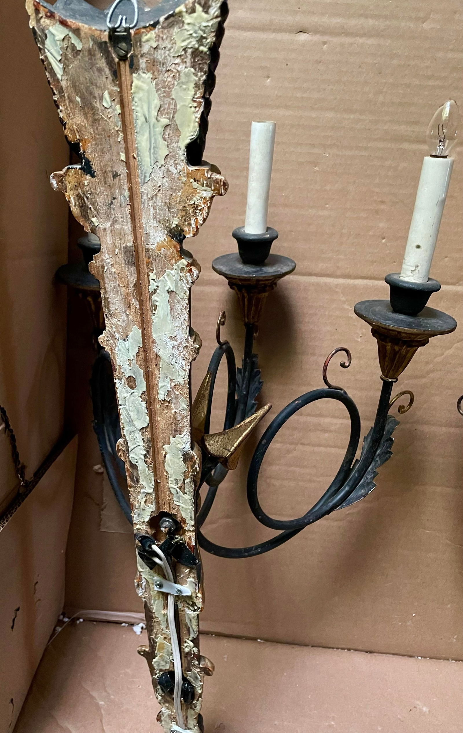 Pair Neoclassic Italian Carved Wood Iron Black Gold Painted Arrow Wall Sconces - 6