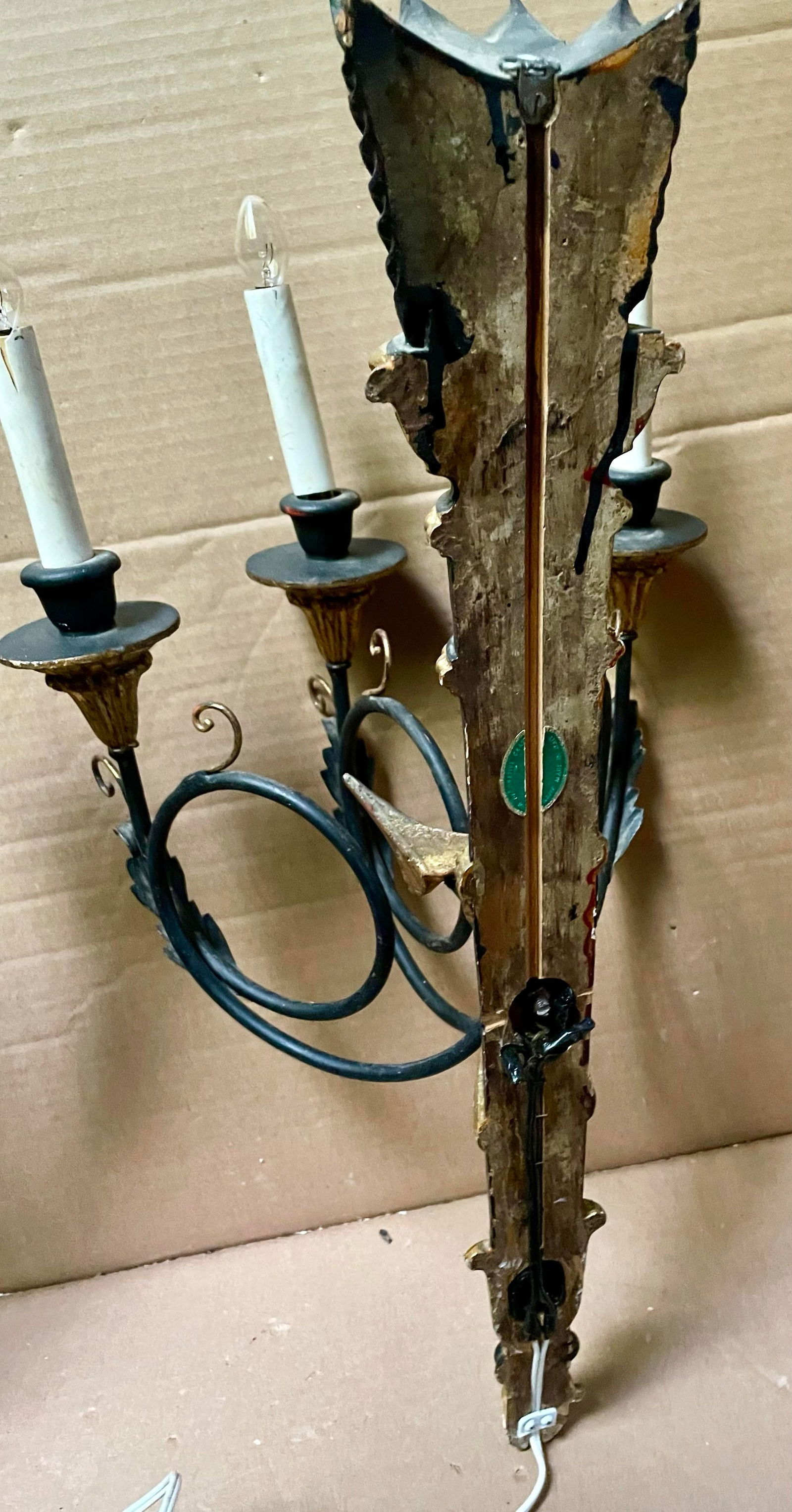 Pair Neoclassic Italian Carved Wood Iron Black Gold Painted Arrow Wall Sconces - 7