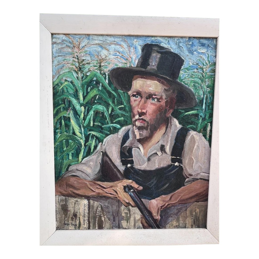 Early 20th Century American Oil Painting of a Farmer Waiting in a Corn Field.: A striking early 20th century American oil on canvas portrait depicting a contemplative farmer resting against a wooden fence, rifle in hand, surrounded by tall corn stalks. Executed with confident,
