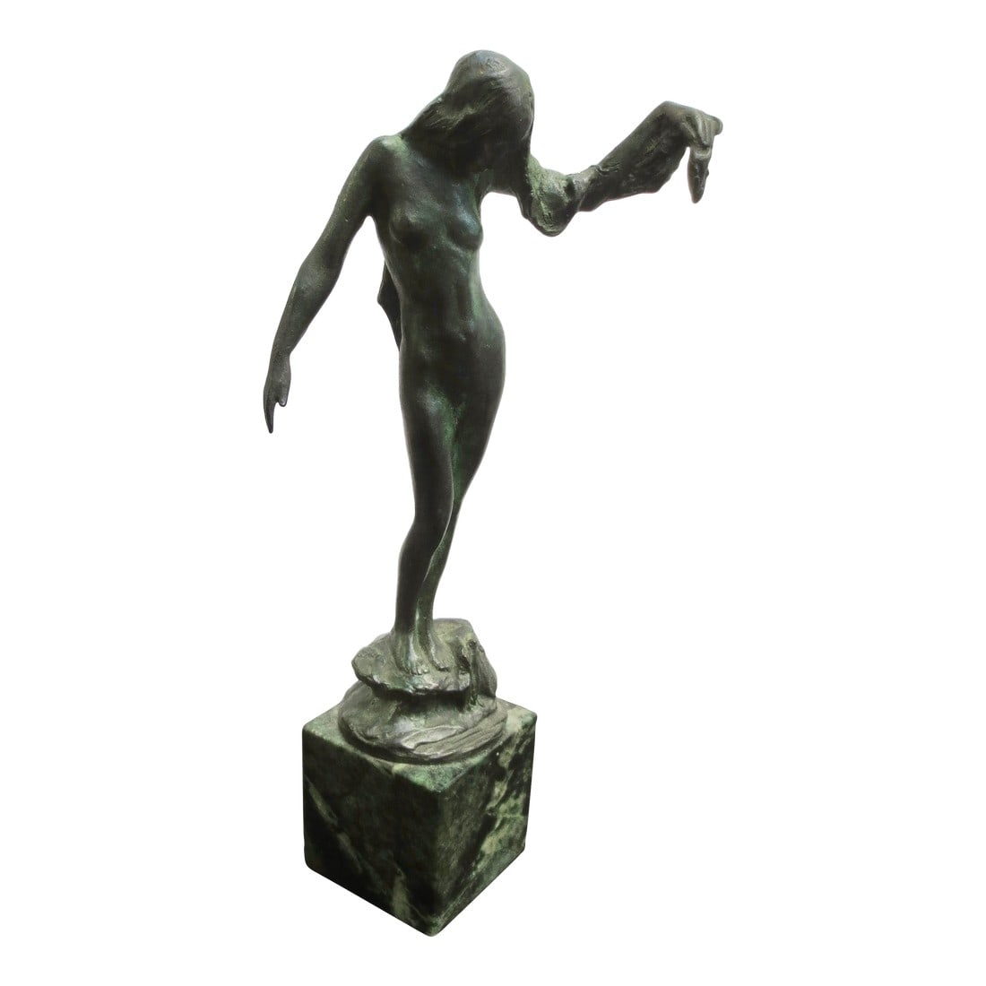 Chester Beach Bronze Female Nude: Chester Beach (1881 - 1956) was active/lived in New York. Beach is known for works in allegorical and mythological figures. The measurements are 9" tall, with the marble being 2" tall and the bronze