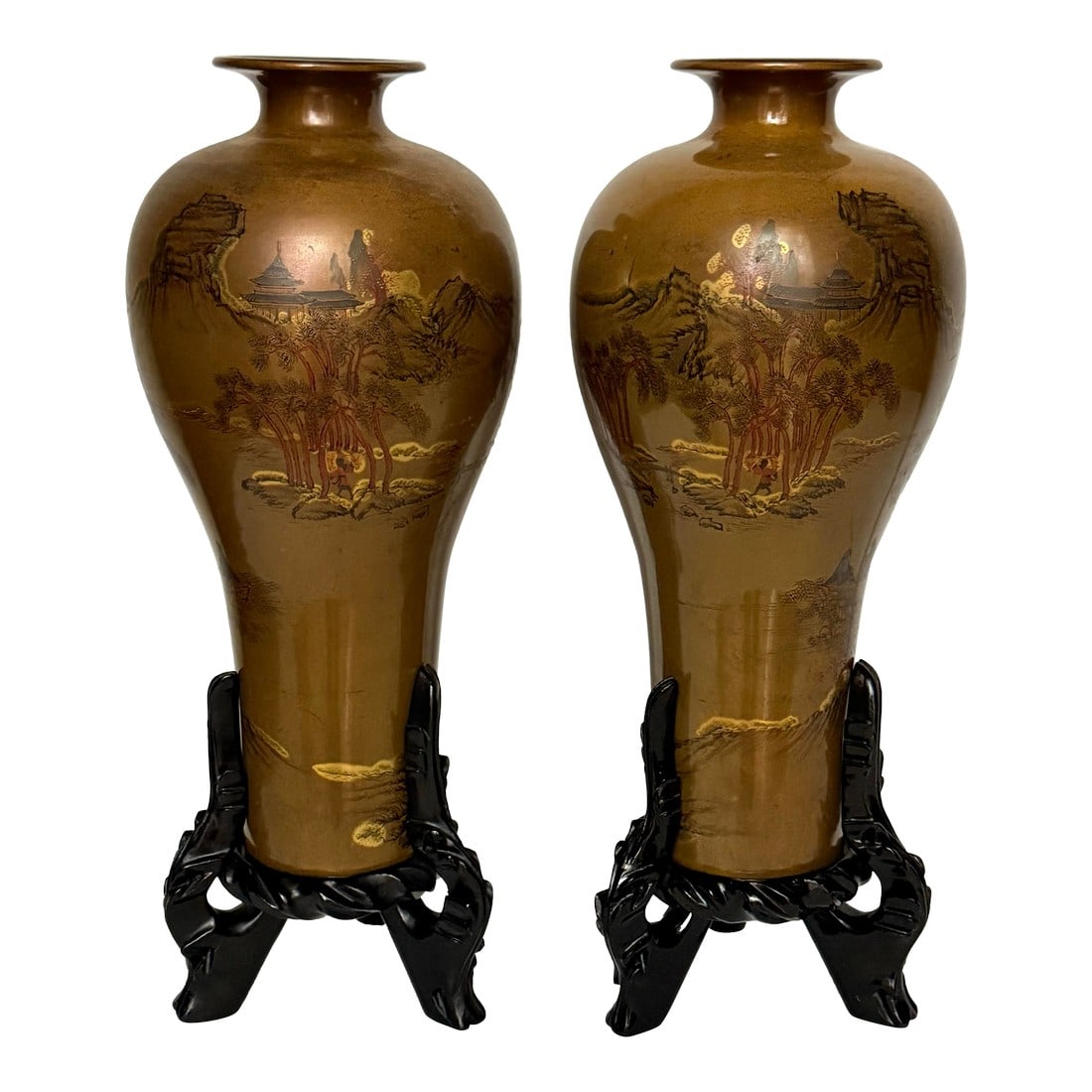 1960s Monumental "Bodiless" Lacquer Vases by Cheng Lung Chi - James Mont Style: This rare Turtle and Crane find is a masterful example of the "Golden Hour" aesthetic. These are not standard export porcelain, but a signed and documented pair of Cheng Lung Chi "Bodiless" Lacquer va