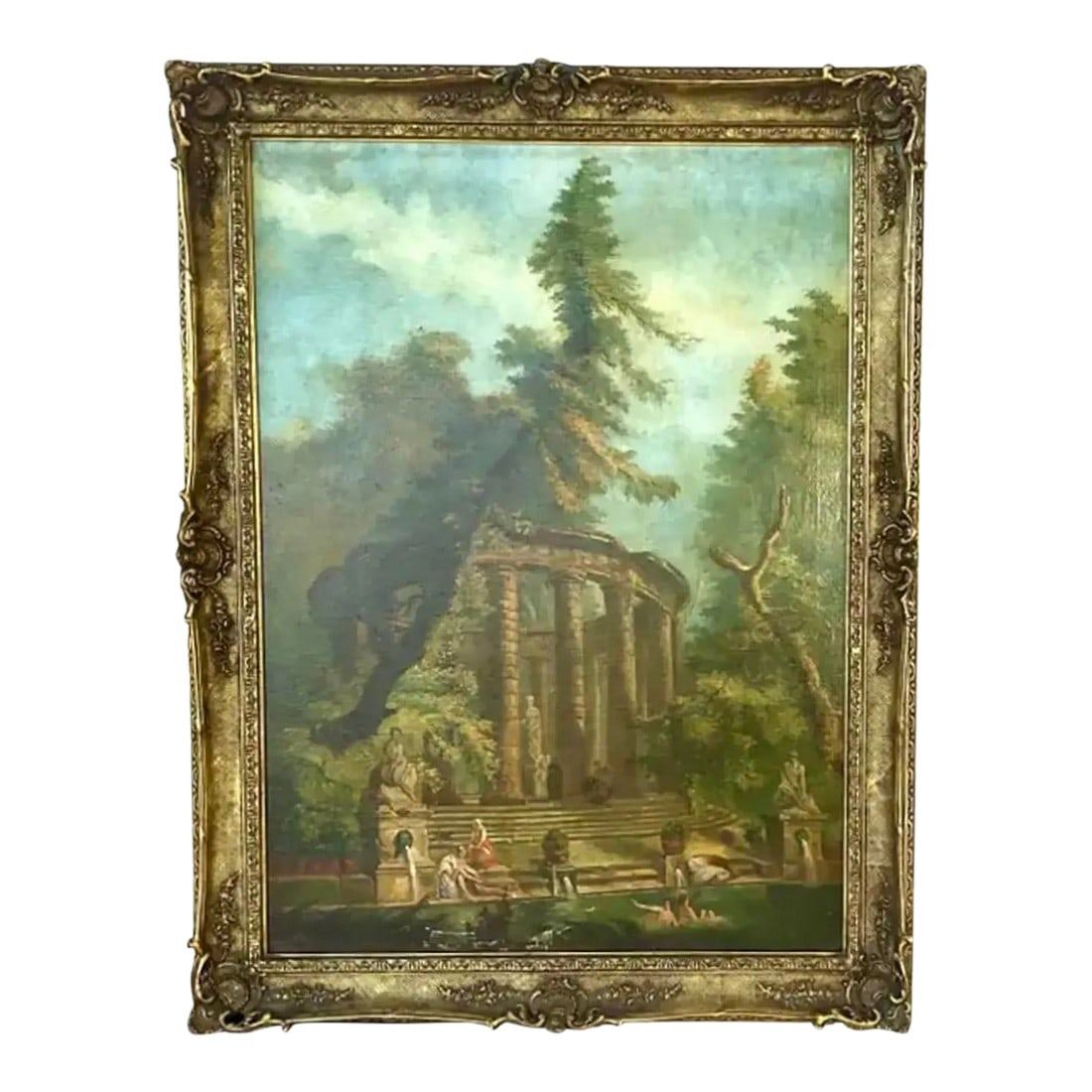 The Bathing Pool After Hubert Robert, Oil on Canvas Painting, Framed: Large Oil On Canvas Painting, "The Bathing Pool" After Hubert Robert, in giltwood frame. Robert was renowned for his imaginative landscapes depicting ancient ruins as picturesque settings for