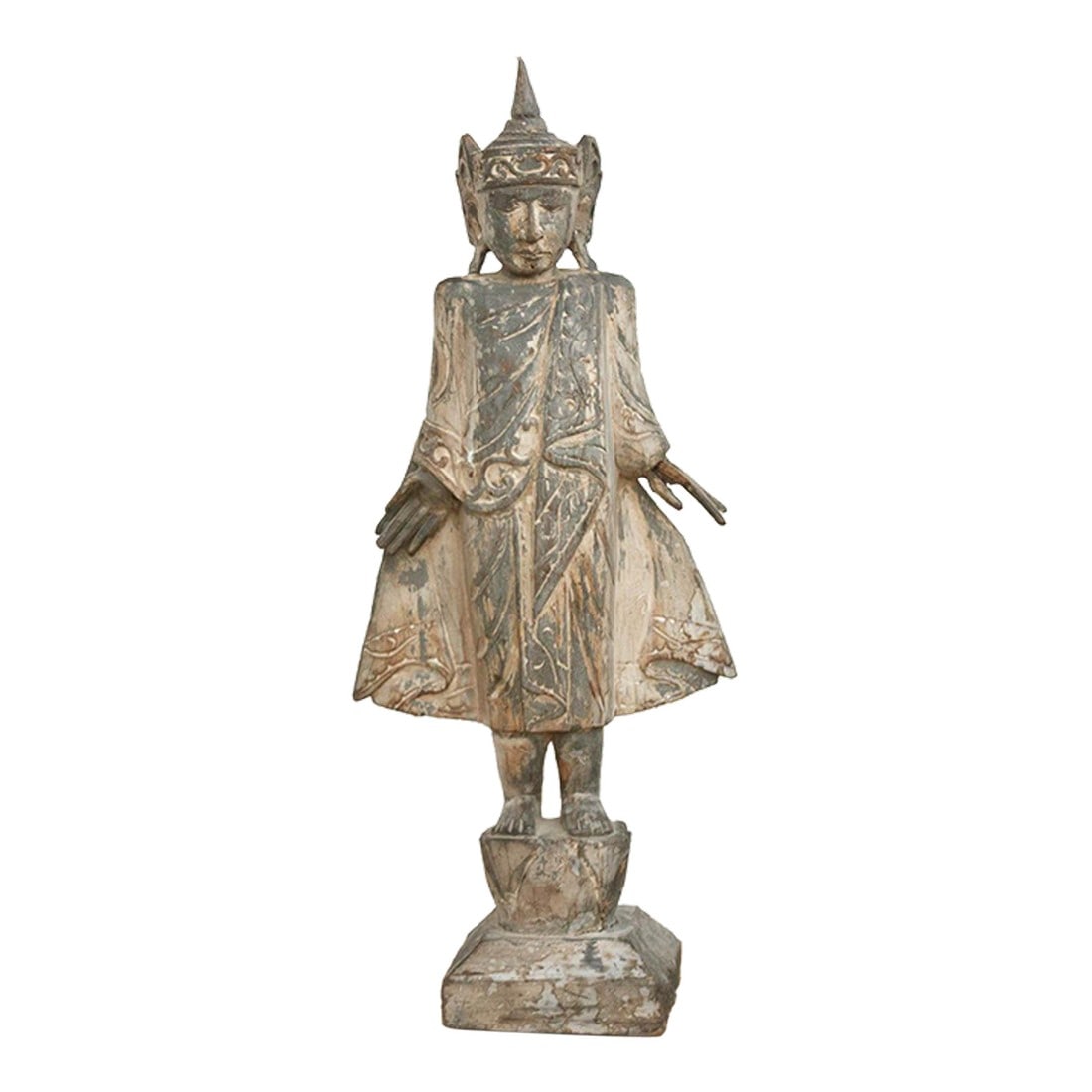 29" Tall Burmese Royal Spirit Carved Figure: A statue of quiet power and ancient grace, this standing figure hails from Burma. Carved from solid wood, it depicts a noble figure"”likely a Nat Spirit or a royal attendant"”dressed in