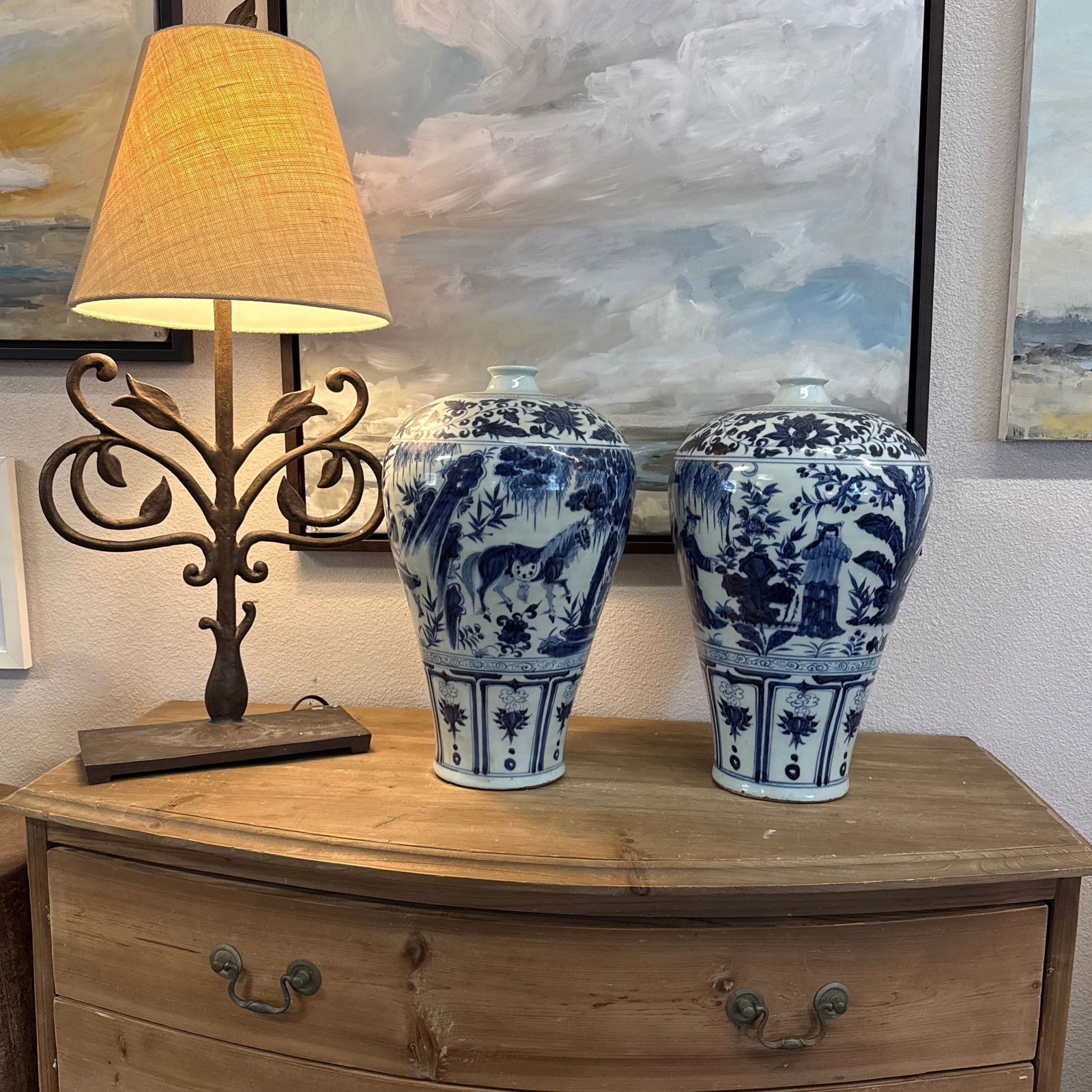 Pair of Large Blue and White Chinese Yuan Period Character Vases 17" - 11