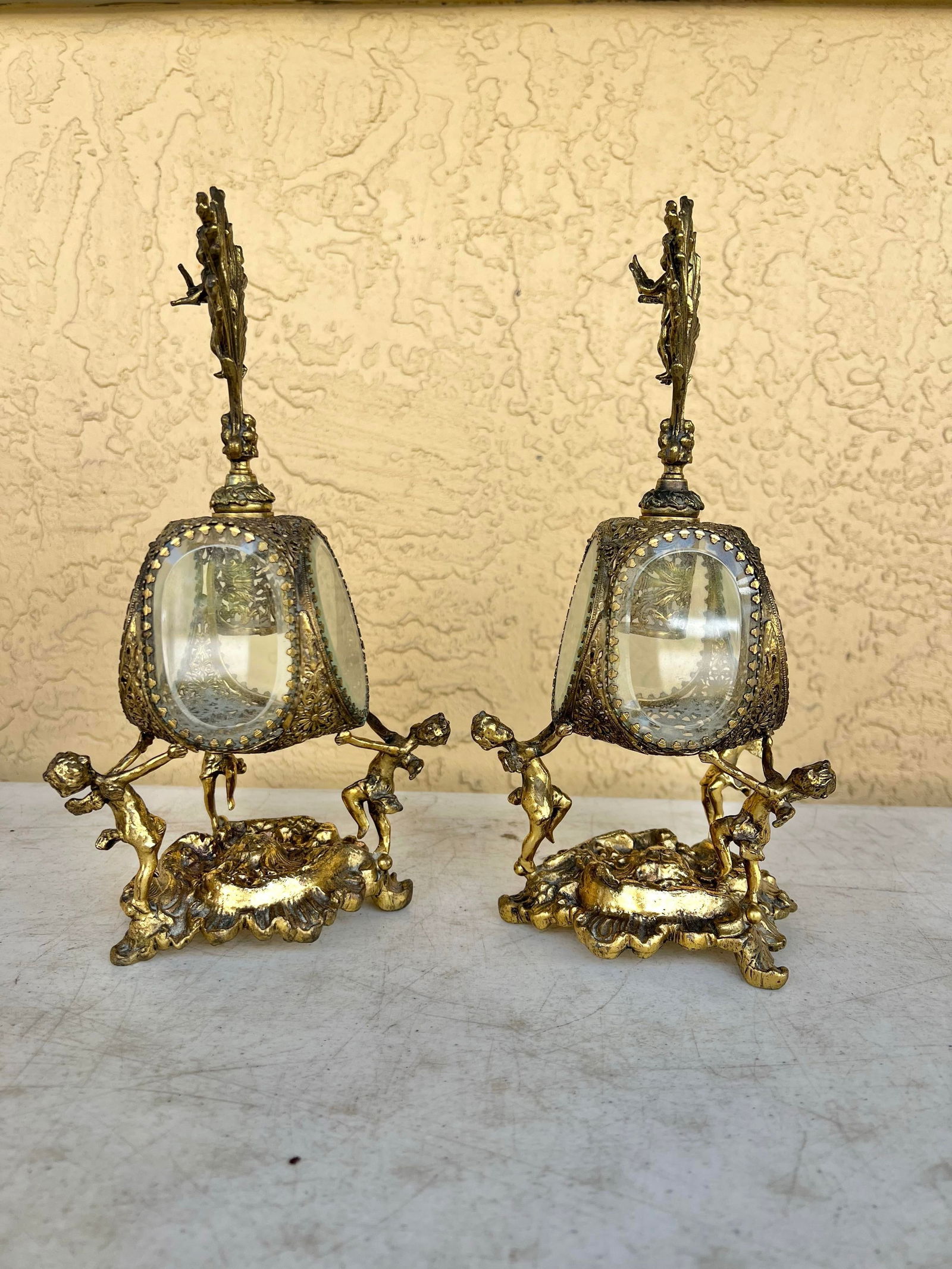 Antique Figaro Metal Glass, Perfume Bottles Pair - 2