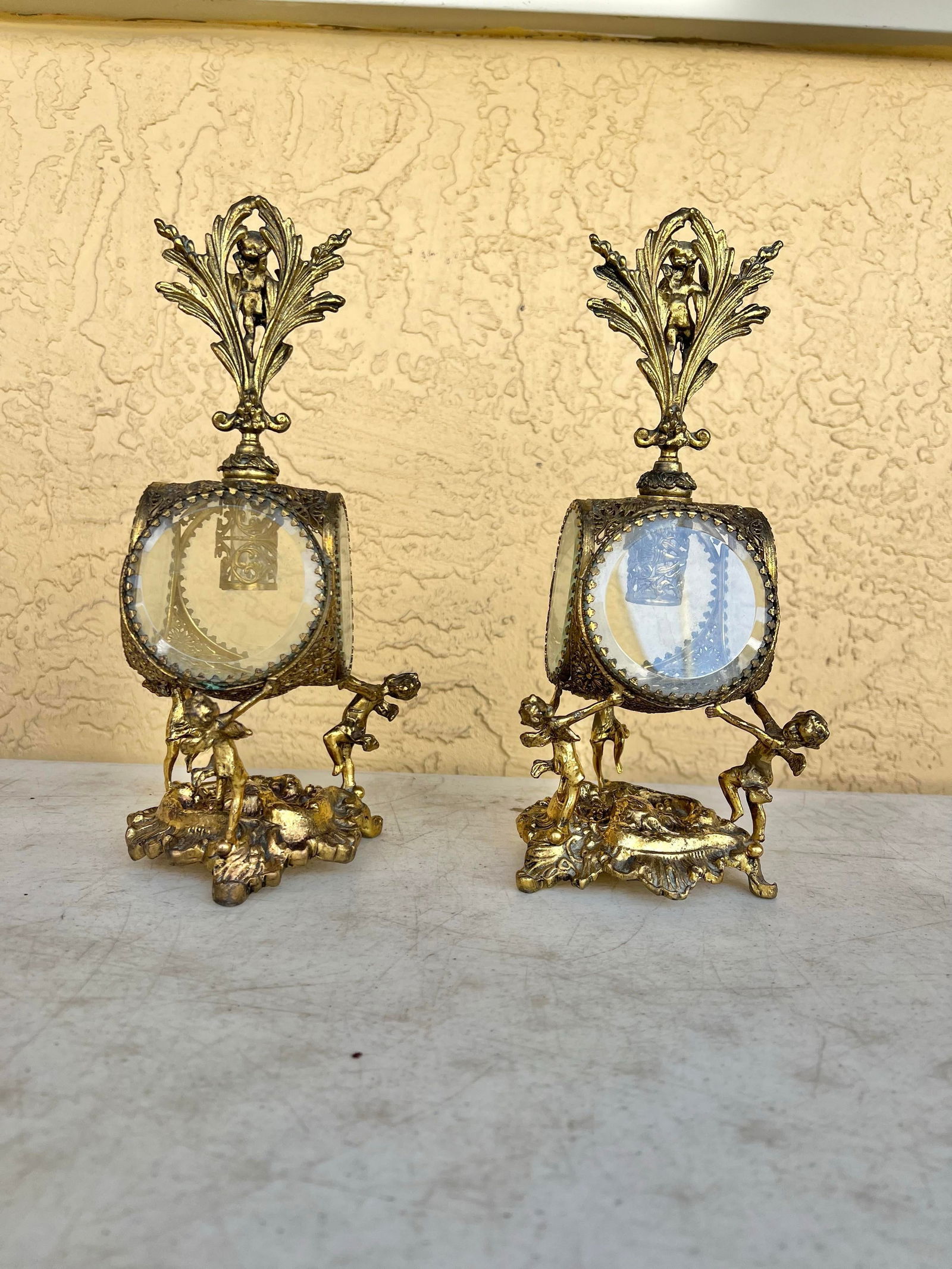 Antique Figaro Metal Glass, Perfume Bottles Pair - 3