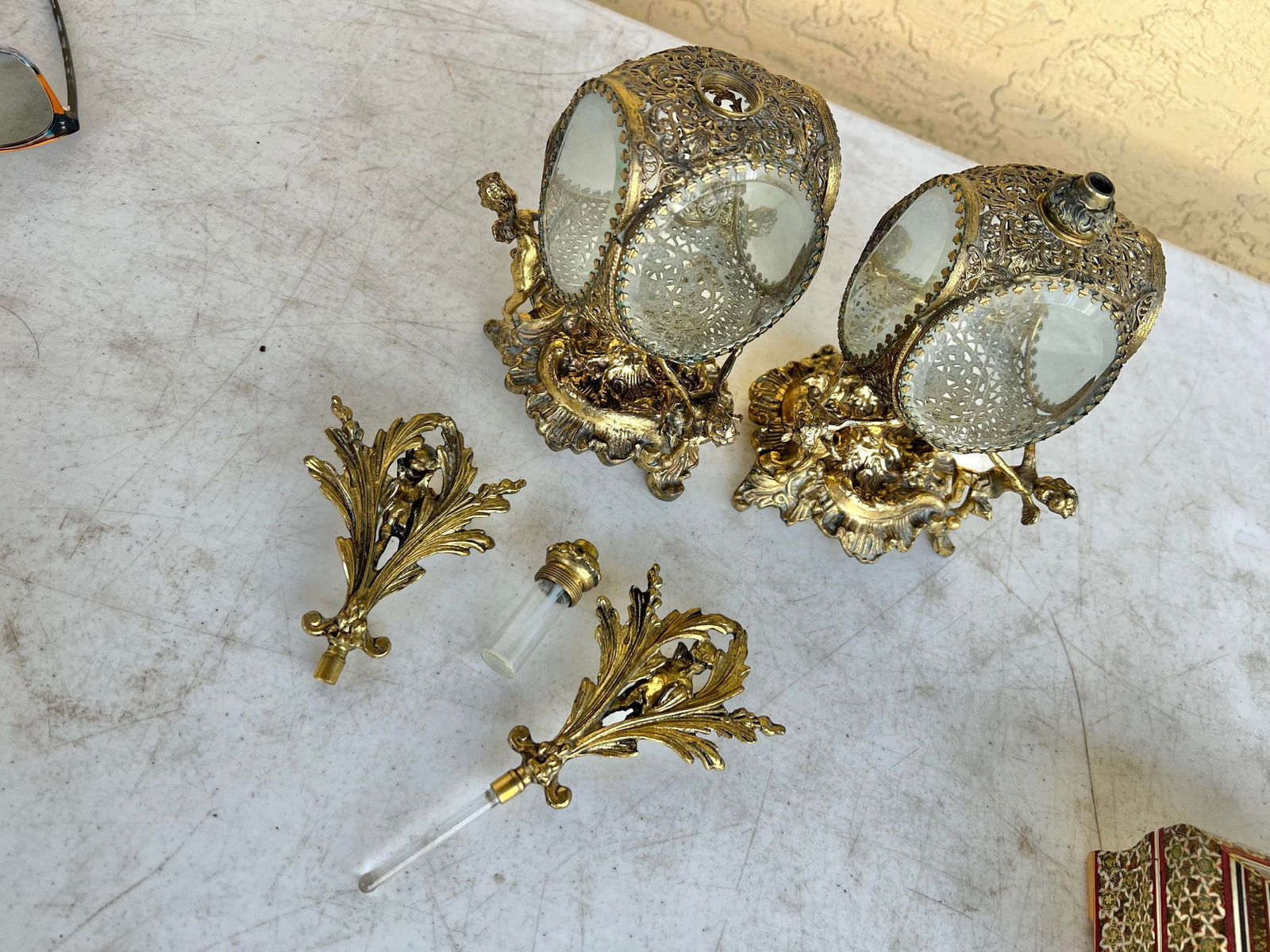 Antique Figaro Metal Glass, Perfume Bottles Pair - 4