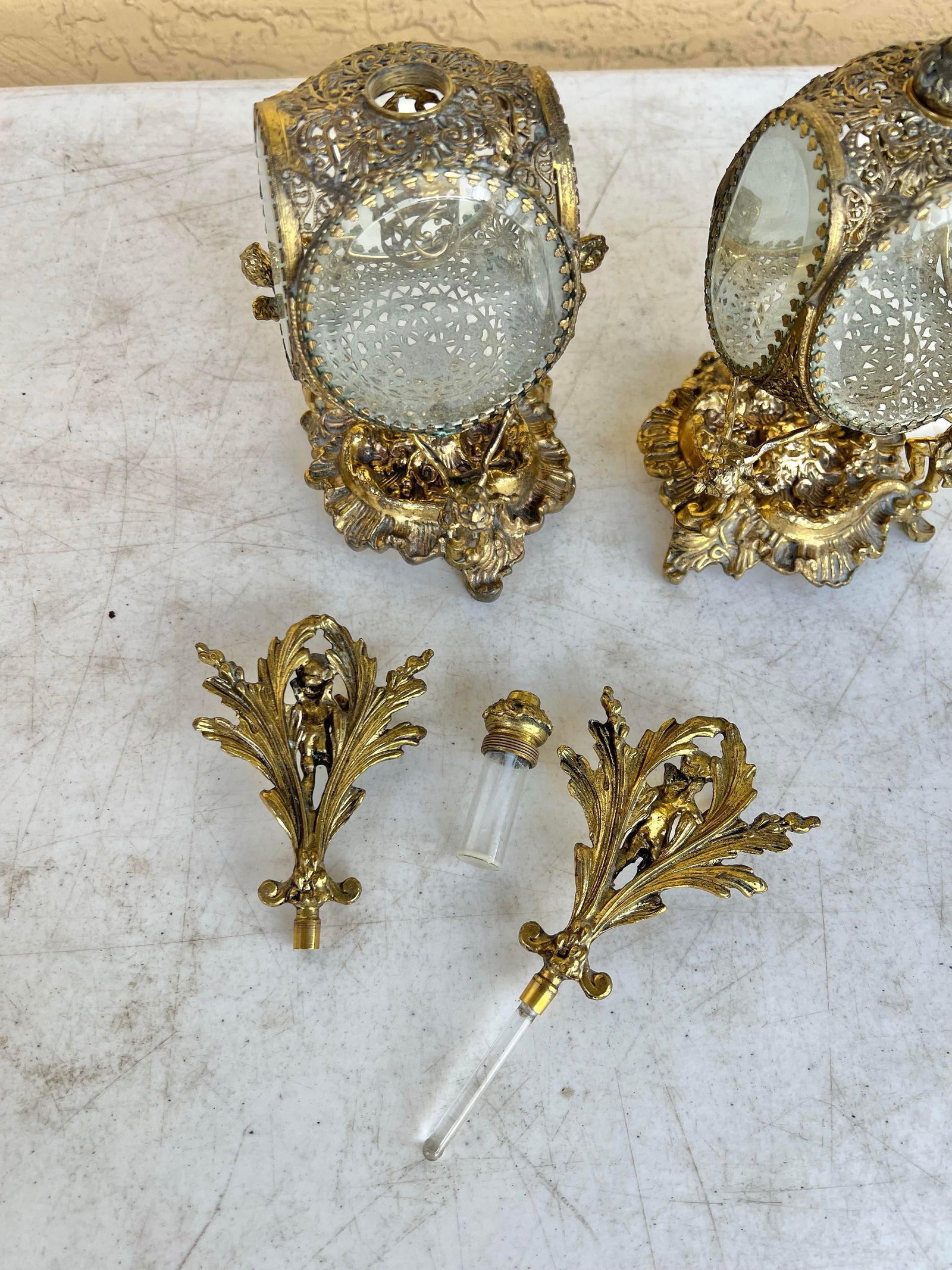Antique Figaro Metal Glass, Perfume Bottles Pair - 5