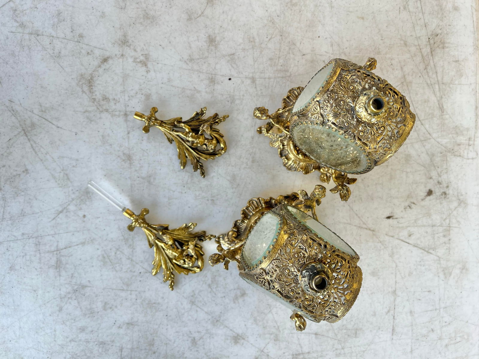 Antique Figaro Metal Glass, Perfume Bottles Pair - 7