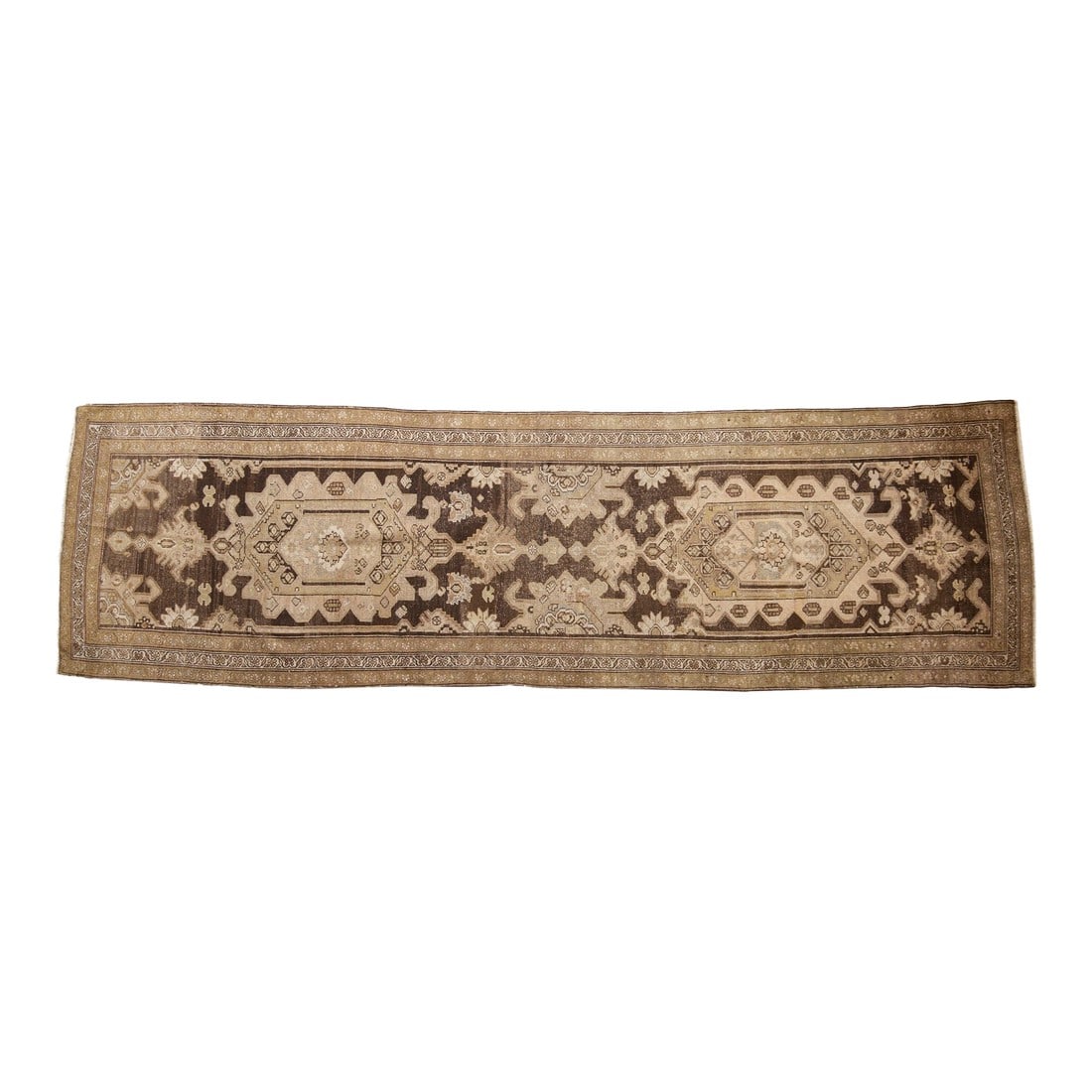 Vintage Distressed Hamadan Rug Runner - 3'6" x 11'9": :: Double oversize center medallion with elongated finials atop an abrashed field. Wrapped by meandering vine inner, main, and outer borders. Colors and shades include: Chocolate brown, olive gold,