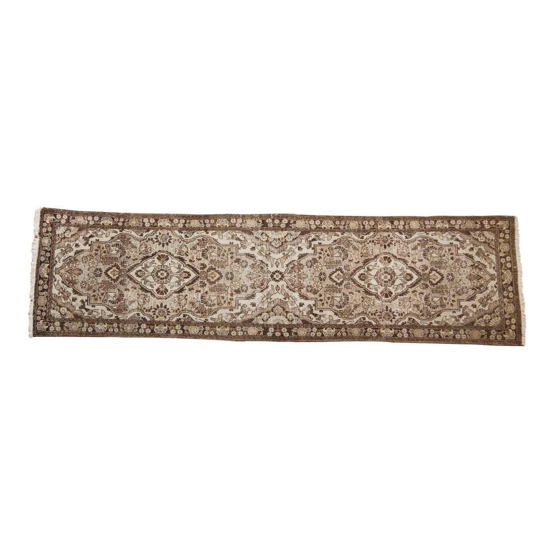 Vintage Distressed Dargezine Rug Runner - 2'8" x 9'11": :: Double center medallion with outwardly directed blossoms stemming from a single floral top view, adorned at either end by minor finials atop a covered field of floral bouquets. Colors and shades