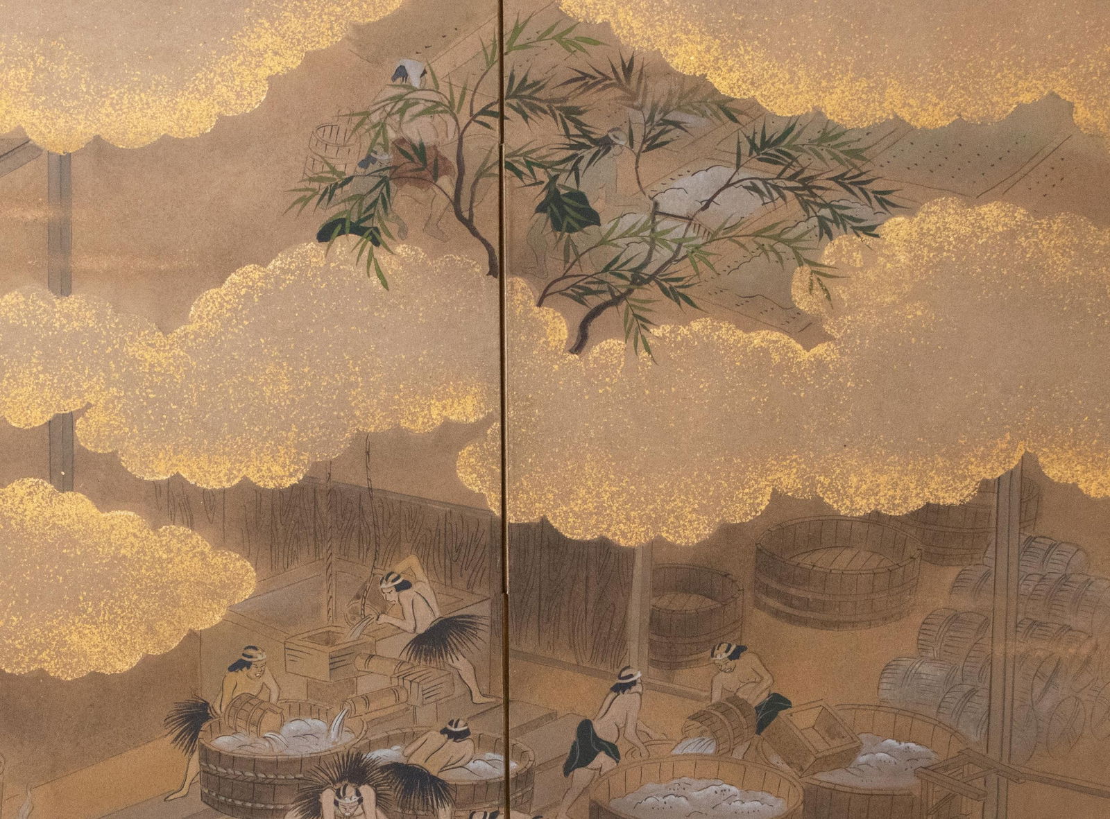 Sake Brewery, Heisei Era Japanese Yamato-E Byobu Screen - 12