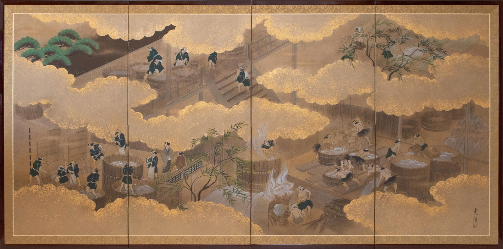 Sake Brewery, Heisei Era Japanese Yamato-E Byobu Screen - 16