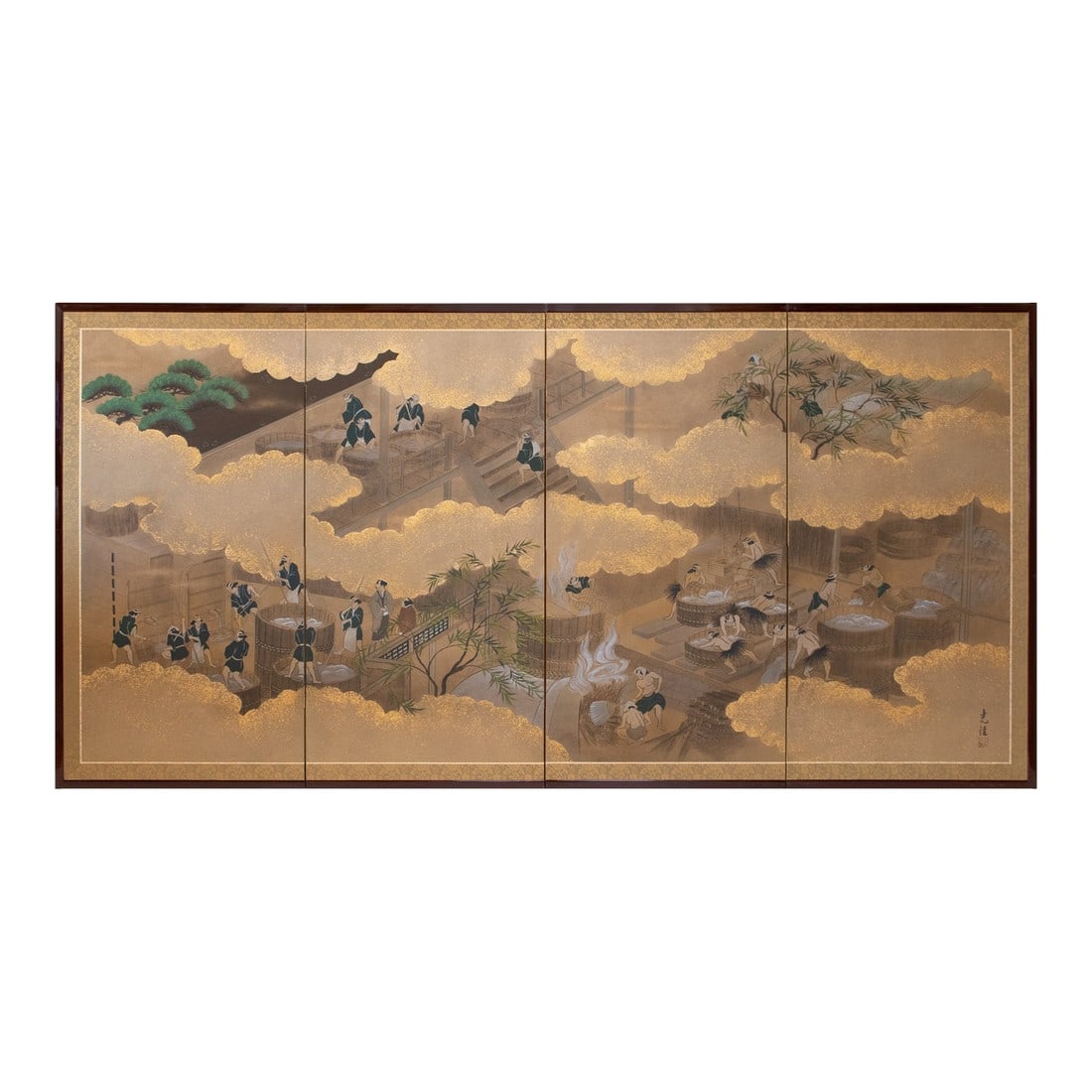 Sake Brewery, Heisei Era Japanese Yamato-E Byobu Screen (1 of 18)