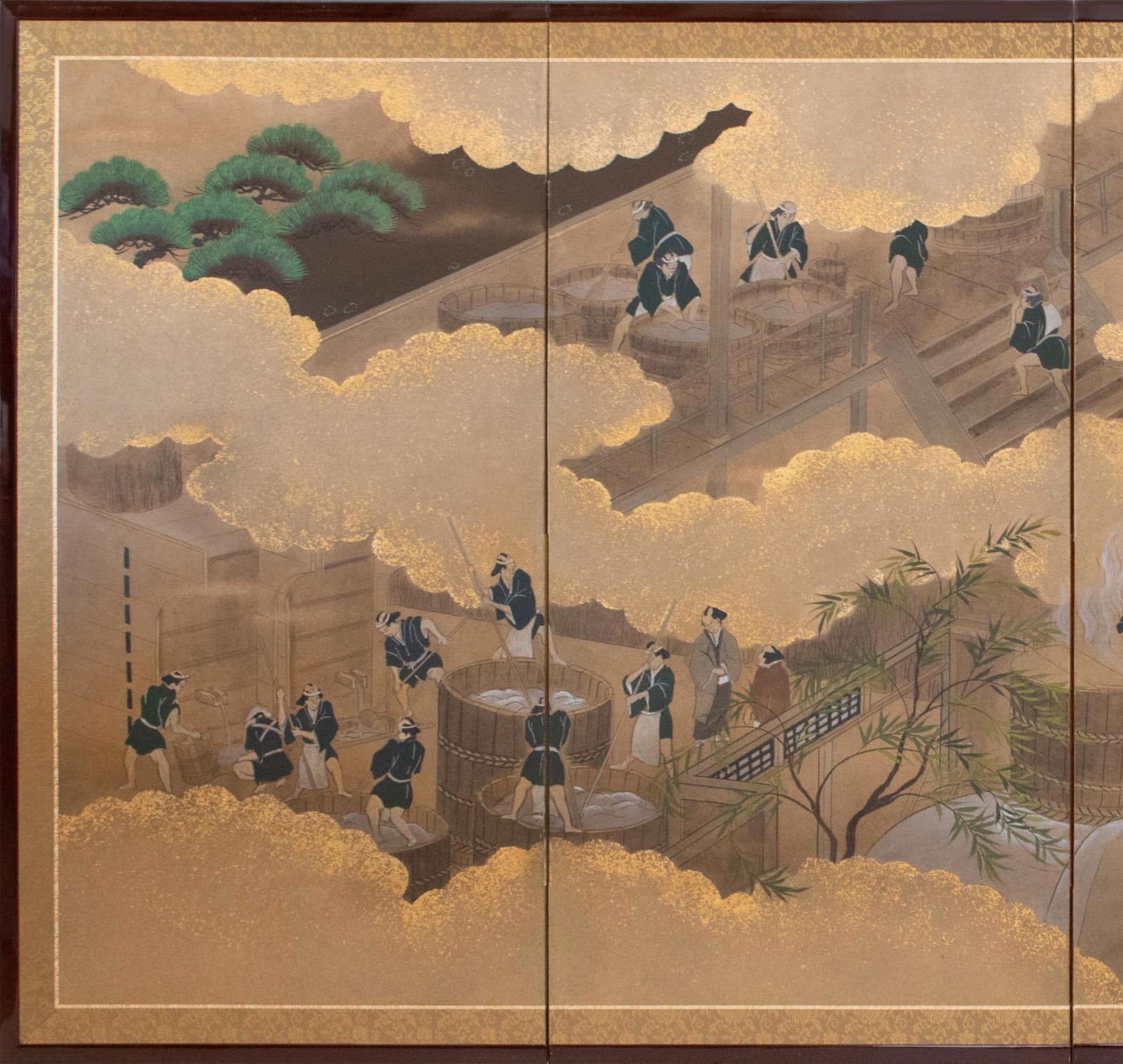 Sake Brewery, Heisei Era Japanese Yamato-E Byobu Screen - 2