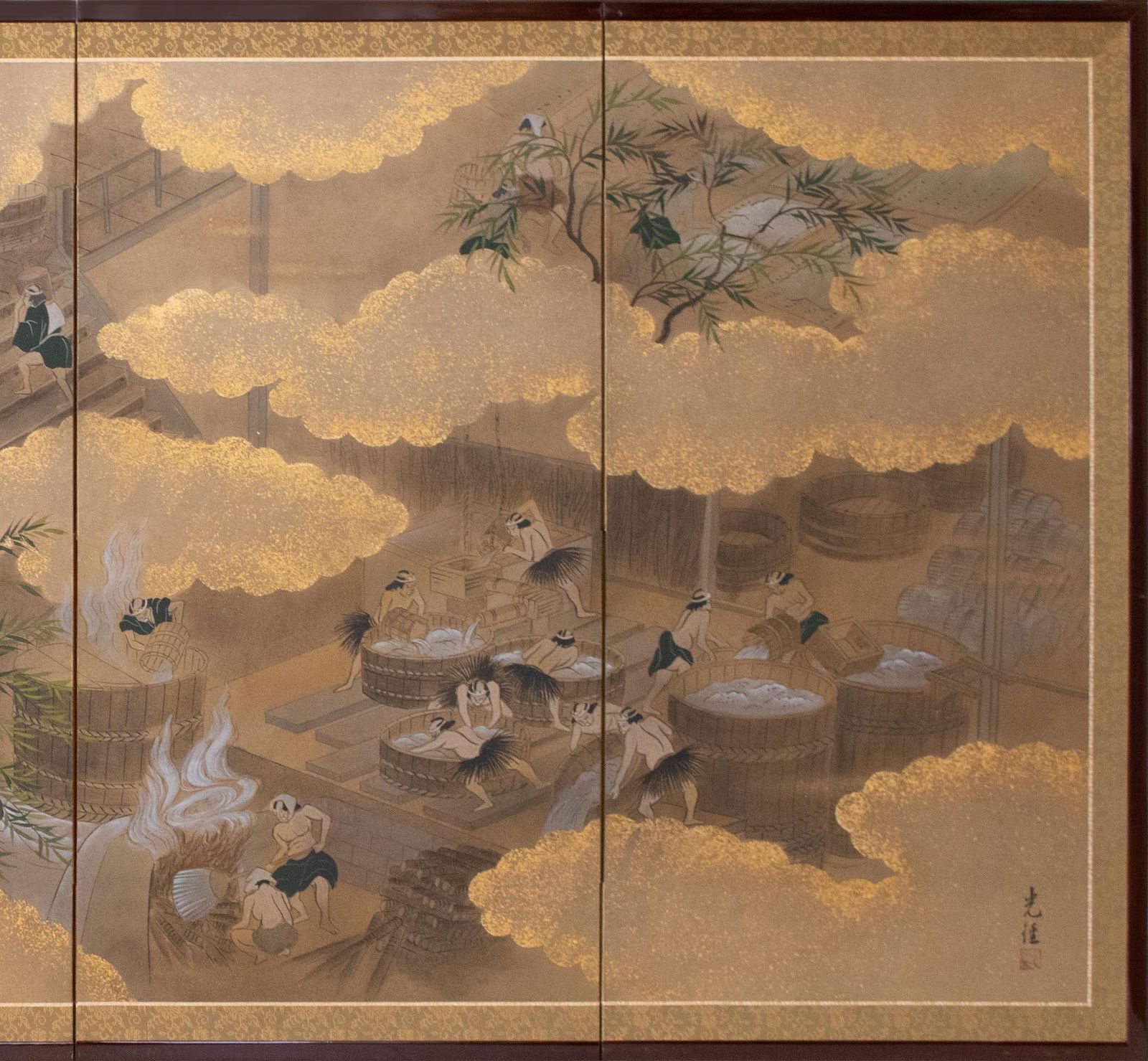 Sake Brewery, Heisei Era Japanese Yamato-E Byobu Screen - 3