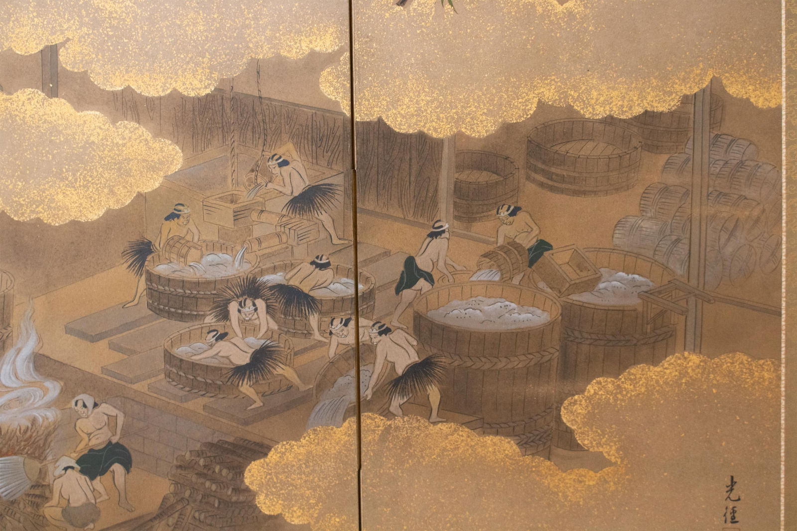 Sake Brewery, Heisei Era Japanese Yamato-E Byobu Screen - 4