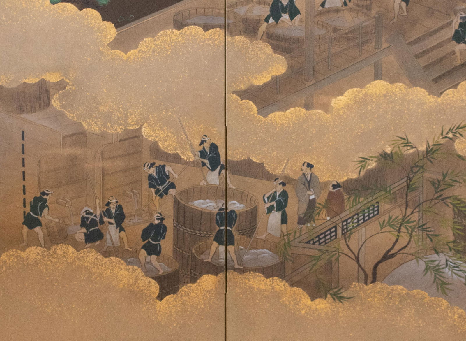 Sake Brewery, Heisei Era Japanese Yamato-E Byobu Screen - 6