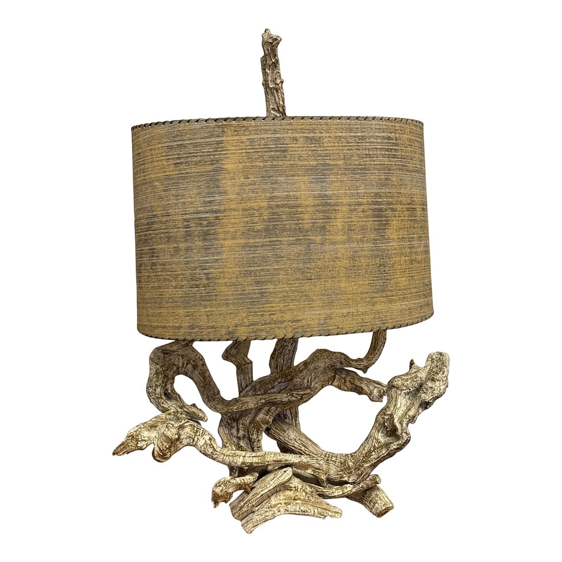 1950s Mid Century Large Sculptural Lamp Gold Gilt and White Wash Juniper Burl: 29" wide 40" tall - to top of finial An extraordinary mid century piece. Constructed from juniper burl. With gold wash and whitewash. Large hand made shade. Hand stitched detailing. This piece