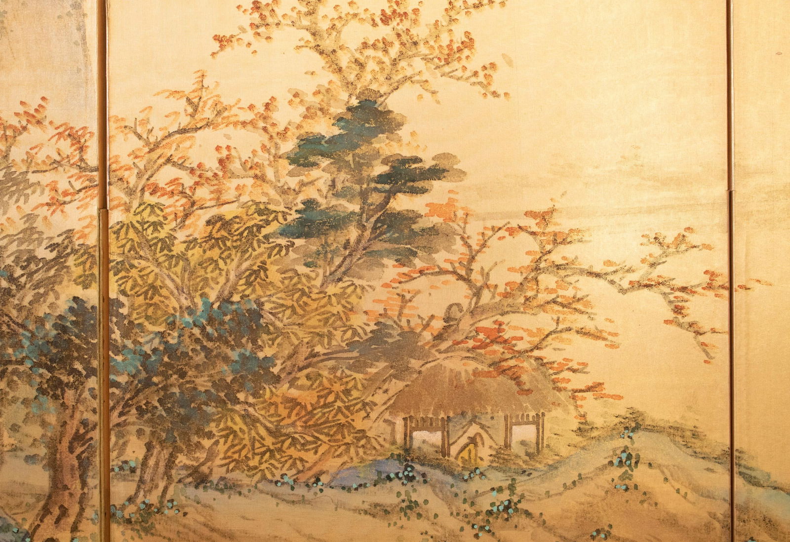 1970s ShÅwa Era Japanese Byobu Screen, "At the Bank" - 4